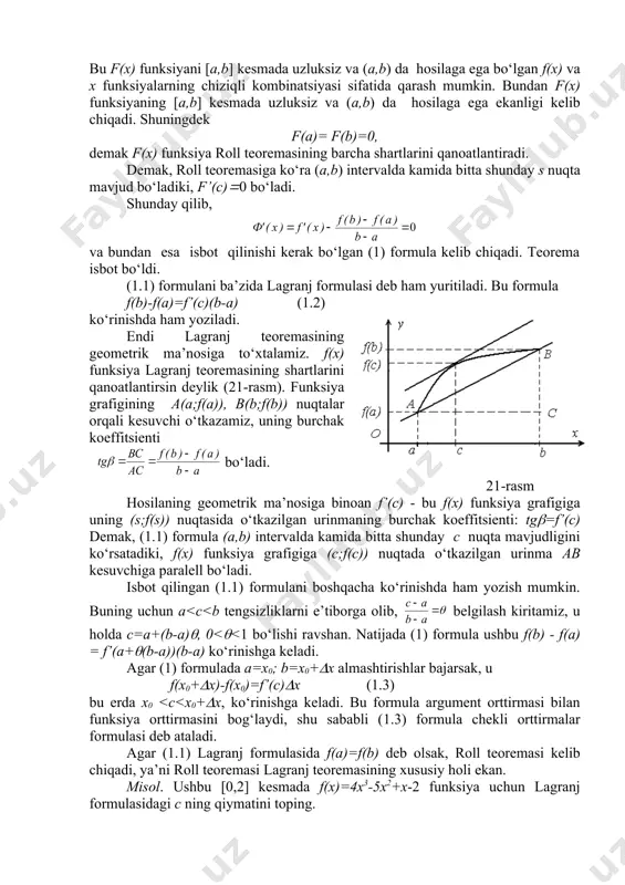 aniqmaslik bo‘lib, uni ham quyidacha shakl almashtirib ko‘rinishdagi aniqmaslikka keltirish mumkin. ma’lumki, x(a da f(x) funksiya 1, 0 va ( ga, g(x) funksiya esa mos ravshda (, 0 va 0 intilganda (f(x))g(x) darajali-ko‘rsatkichli ifoda 1(, 00, (0 ko‘rinishidagi aniqmasliklar edi. bu ko‘rinishdagi aniqmasliklarni ochish uchun avval y=(f(x))g(x) ni logarifmlaymiz: lny= g(x)(ln(f(x)). bunda x(a da g(x)ln(f(x)) ifoda 0(( ko‘rinishdagi aniqmaslikni ifodalaydi. shunday qilib, funksiya hosilalari yordamida 0((, (-(, 1(, 00, (0, ko‘rinishdagi aniqmasliklarni ochiщda, ularni yoki ko‘rinishidagi aniqmaslikka keltirib, so‘ng yuqoridagi teoremalar qo‘llaniladi. 2-eslatma. agar f(x) va g(x) funksiyalarning f’(x) va g‘(x) hosilalari ham f(x) va g(x) lar singari yuqorida keltirilgan teoremalarning barcha shartlarini qanoatlantirsa, u holda tengliklar o‘rinli bo‘ladi, ya’ni bu holda lopital qoidasini takror qo‘llanish mumkin bo‘ladi. misol. ushbu limitni hisoblang. yechish. ravshanki, x(0 da ifoda 1( ko‘rinishdagi aniqmaslik bo‘ladi. uni logarifmlab, aniqmaslikni ochishga keltiramiz: demak, . misollar 1. quyidagi limitlarni hisoblang: a) ; b) ; c) ; d) …