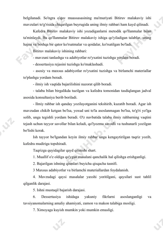 ishi odatda kirish, asosiy qism, xulosa va foydalanilgan adabiyotlar ro'yxatidan tashkil topadi. uning qismlari o'zaro uzviy bog'liq bulib mantiqan bir- biridan kelib chiqishi va asosiy maqsadga xizmat qilishi kerak. ish tarkibiy tuzilishini shakllantira-yotganda, uning konsepsiyasi ham tuziladi. ya'ni tadqiqotni amalga oshirish jarayoni ilmiy asoslab beriladi. bunda tadqiqot yakunida nimaga erishish kerakligi, buinng uchun qanday ilmiy tadqiqot usullraidan va qaysi birlamchi materiallaridan foydalanish zarurligi va kuriladigan adabiyotlar tavsiloti bayon etib boriladi. mazkur ishga taalluqli adabiyotlarni ko'rishda yoki birlamchi materiallar to'plash va ishlash jarayonida yoxud ilmiy ish yozish paytida avvaldan to'zilgan reja o'zgarishi mumkin. bitiruv malakaviy ishi umumiy hajmi qo'lyozmada 100-120 betdan oshmasligi kerak. bitiruv malakaviy ishi matinini yozish, unga taallukli jadval, rasm vaboshqa birlamchi materiallar, kulyozmalar nashrga tayyorlash qoidalari asosida bajarilgan bo'lishi kerak. kirishning xajmi 3- 5 betdan oshmasligi kerak. unda mavzuning dolzarbligi, amaliy ahamiyati, unga ijtimoiy buyurma borligi aytib utiladi. sungra bu mavzuning ishlanganlik darajeasi yoritilib ishlanmagan javhalarni aniqlanadi va …