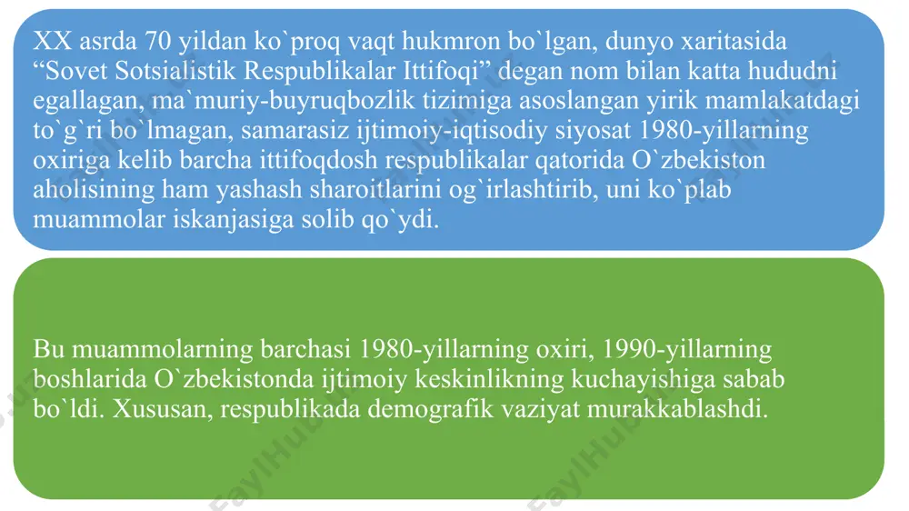 mln nafarini erkaklar, 17,4 mln nafarini ayollar tashkil etmoqda shahar aholisi soni 17 mln 664,8 ming kishini (jami aholi sonidagi ulushi 50,7%), qishloq aholisi soni esa 17 mln 195,4 ming kishi (49,3%)ni tashkil qilgan. aholini ijtimoiy himoyalash chora-tadbirlari tizimidagi eng asosiy yo`nalish – bu narxlar erkinlashtirilishi va pulning qadrsizlanish darajasi ortib borishi munosabati bilan daromadlarning eng kam va o`rtacha darajasini muntazam oshirib borishi hisoblanadi. aholining ijtimoiy himoyasini ta`minlash davlat siyosatining bosh yo`nalishi hisoblanadi mamlakatda ijtimoiy yo`naltirilgan bozor iqtisodiyotini barpo qilishda davlat tomonidan kuchli ijtimoiy himoya siyosati olib borildi aholini ijtimoiy himoyalashning ikkinchi yo`nalishi – ichki iste`mol bozorini himoya qilish hamda oziq-ovqat mahsulotlari va nooziq-ovqat mollari asosiy turlari iste`molini muayyan darajada saqlab turish bo`ldi. iqtisodiy islohotlarning ilk bosqichida ijtimoiy siyosatni amalga oshirishning uchinchi yo`nalishi – aholining kam ta`minlangan tabaqalarini ijtimoiy himoyalash va qo`llab-quvvatlash borasida chora-tadbirlar o`tkazilganligi bo`ldi. bu yo`nalishda aholining ijtimoiy jihatdan nochor qatlamlari – pensionerlar, nogironlar, ko`p bolali va kam …