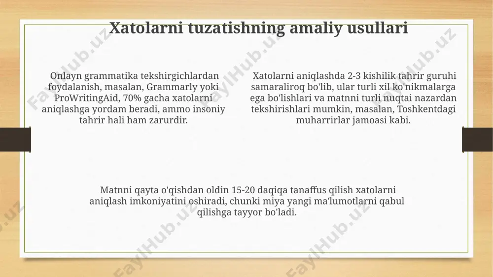 atlarining chuqur tahlili orqali aniqlash mumkin. toshkent shahridagi kitob do'konlarida topiladigan imlo lug'atlari, taxminan 20-30 ming so'zni o'z ichiga oladi va bu, turli sohalardagi matnlarni tekshirish uchun yetarli emas. imlo lug'atlaridan foydalanishda, masalan, o'zbekiston milliy ensiklopediyasi nashr etgan 100 000 dan ortiq so'zli imlo lug'atini qo'llash orqali, 50% ga yaqin imlo xatolarini aniqlash mumkin. kompyuter dasturlari va imlo tekshirgichlari ba'zi imlo tekshirgichlar 50 000 dan ortiq so'zlarni o'z ichiga olgan lug'atga ega bo'lib, grammatik xatolarni ham aniqlash imkoniyatiga ega, bu esa toshkentdagi talabalar uchun juda foydali. kompyuter dasturlari, masalan, microsoft word yoki google docs kabi 20 dan ortiq tilni qo'llab-quvvatlaydigan imlo tekshirgichlari o'zbekiston va dunyoning boshqa mamlakatlarida keng qo'llaniladi. imlo tekshirgichlarning samaradorligi turli omillarga, jumladan, matnning murakkabligiga va dasturning versiyasiga bog'liq bo'lib, masalan, 2023 yilda chiqarilgan yangi versiyalar 10% ga ko'proq aniqlikni ta'minlaydi. xatolarni tasniflash: sintaktik xatolar синтактик хатоларнинг 30%и гап бошланишидаги нотўғри сўз тартиби билан боғлиқ бўлиб, бундай хатолар …