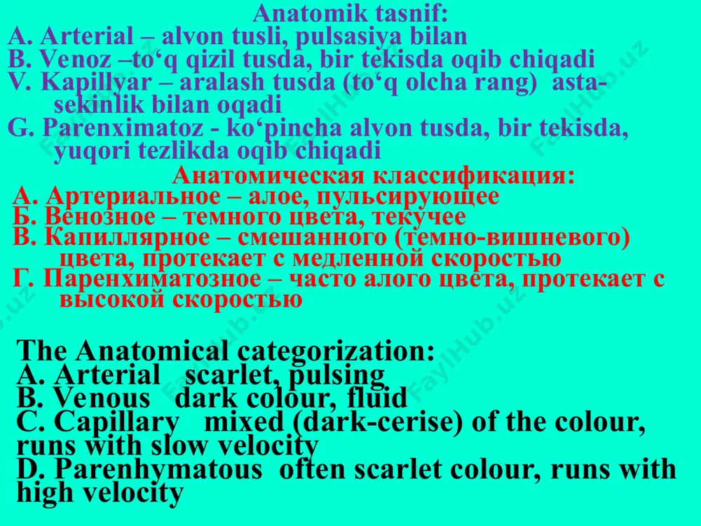 fer: 1. the bleedings outward or in cavity 2. the haemorrhages in parenchyma of tissues 3. hematoma - a concourse shelters in tissues qon ketishi va qon quyilishini ifodalovchi terminlar термины употребляемые для обозначения кровотечения и кровоизлияния terms used for indication of the bleeding and haemorrhages petechia – teriga chegaralangan qon quyilishi purpura – shilliq qavatga chegaralangan qon quyilishi ecchymosis – teriga yoki shilliq qavatga katta xajmdagi qon quyilishi sugillatio va suffusion – teri osti yog‘ qavatiga yuza, chegaralangan qon quyilishi petechia - ограниченные кровоизлияние в кожу purpura - ограниченные кровоизлияние в слизистую оболочку ecchymosis – обширное кровоизлияние в кожу или слизистую оболочку sugillatio и suffusion – плоские ограниченные кровоизлияние в подкожной клетчатке petechia - limited haemorrhage in skin purpura - limited haemorrhage in mucous the shell ecchymosis - extensive haemorrhage in skin or mucous shell sugillatio and suffusion - flat limited the haemorrhage in subdermal cellulose vibices – teriga …
