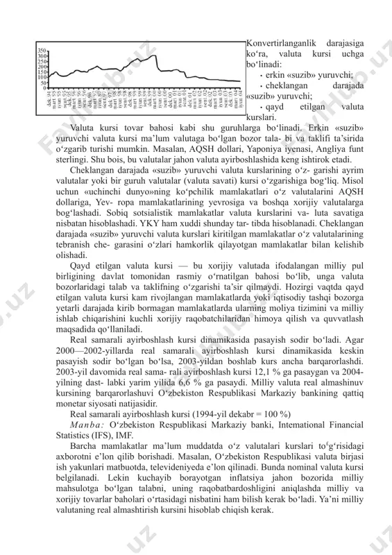 llash quyidagi ikki holatda zarur va foydalidir: sizning talabingizdagi valutaga ega boʻlgan sotuvchilarda sizning valutangizga talab mavjud emas (masalan, soʻmni yaponiya iyenasiga almashtirish kerak. bu yerda uchinchi valuta aqsh dollari boʻlsin. yaponiya iyenasi sotayotganlar ichida sizning valutangizni sotib olishni xohlaydiganlar yoʻq). oldi-sotdi bitimlarini amalga oshirishda valuta bozorida quyidagi valuta kurslarining koʻrinishlaridan foydalaniladi: spot-kurs — bu naqd (kassa) bitimlarning kursidir. spot-kurs — bu bir mamlakat pul birligining shartnoma tuzilgan vaqtda oʻrnatilgan baho boʻyicha boshqa mamlakatlar pul birliklarida ifodalangan bahosidir. bunda valutani valuta bitimi tuzilgan kundan boshlab 2 ish kunida almashtirib berish shart hisoblanadi. «forvard» kurs—bu muddatli valuta bitimlarining kursi. forvard kursi valutani kelajakda aniq bir kunga yetkazib berish sharti bilan sotilish va xarid qilish bahosini oʻzida ifoda etadi. forvard bitimlari, odatda, valuta kurslarining oʻzgarishi natijasida yuzaga keladigan xavf-xatarlarni bartaraf qilish maqsadida ishlatiladi. bitim tuzilayotgan paytda forvard kursda aniqlanadi va ana shu kurs boʻyicha valuta sotiladi yoki sotib olinadi. agar shartnoma muddati …