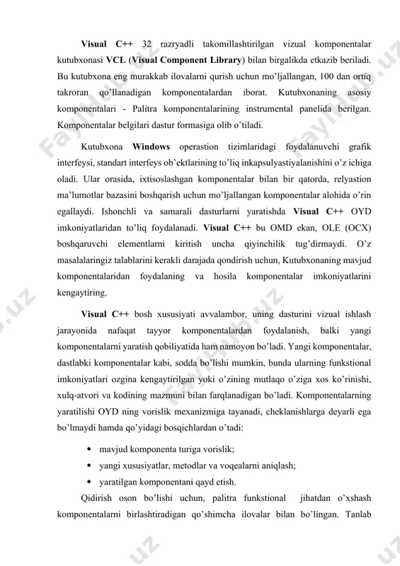 yangi forma ochiladi. 1.7 – rasm. yangi forma ochish oynasi. 2-qadam. formaga 2 ta textbox komponetalari (misoldagi n va m uchun) joylashtiriladi; 3-qadam. formaga 4 ta label komponetalari (misol berilishi, n , m lar va natija uchun) joylashtiriladi va label text xususiyatlari mos ravishda o’zgartirib chiqiladi; 4-qadam. formaga 1 ta datagridwiew komponetasi (misoldagi n va m o’lchovli massiv elementlarini chiqarish uchun) joylashtiriladi; 5-qadam. formaga button tugmachasi joylashtiriladi va nomi o’zgartiriladi. button1 tugmachasini 2 marta bosib, kodlar oynasida quyidagi kodlar teriladi: #include "iostream" #include "conio.h" #include "stdlib.h" #include "form2.h" int g,s; #pragma endregion private: system::void button1_click(system::object^ sender, system::eventargs^ e) { int a[10][10]; s=0; int n=convert::toint32(textbox1->text); int m=convert::toint32(textbox2->text); for(int i=0;i rows->add();} for(int j=0;j columns[j]- >headertext=(j+1).tostring()+" - ustun"; datagridview1->rows[i]->cells[j]->value =a[i][j].tostring(); if(a[i][j]%2==0){s+=a[i][j];} }} g+=1; label4->text="juftlari yig'indisi= " + s.tostring(); } dastur natijasi quyidagi ko’rinishda bo’ladi: 1.8 – rasm. dastur oynasi. image6.png image7.png image8.png image9.png image10.png image11.png image1.png image2.png image3.png image4.png image5.png
