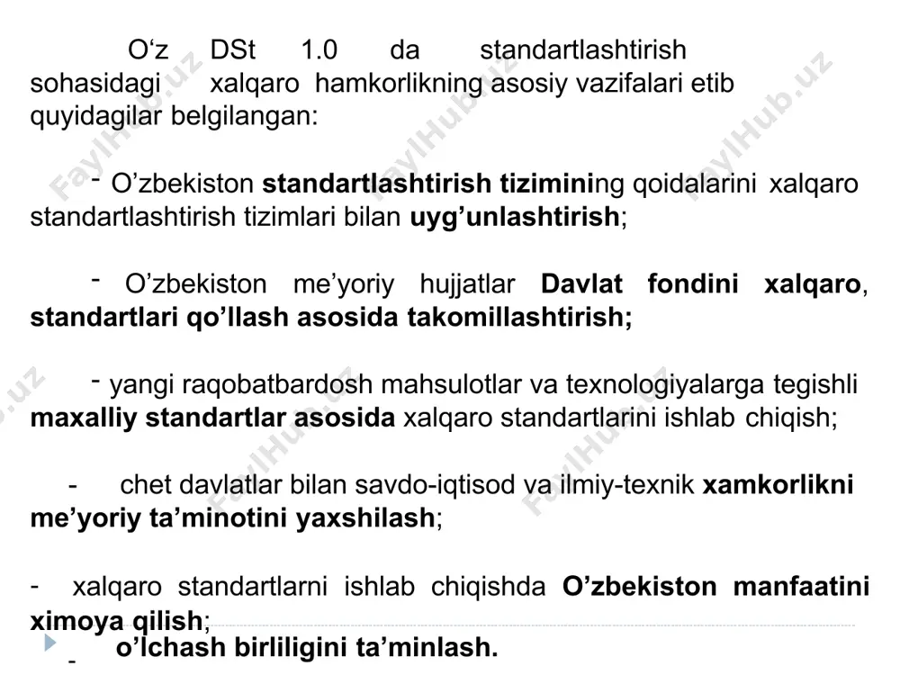 amda intellektual, ilmiy, texnik va iqtisodiy faoliyat sohalarida hamkorlikni kengaytirish” ekanligi ko’rsatilgan. isoninag asosiy vazifasi texnik qumitalarda xalqaro standartlarni, rahbariy xujjatlar, qoidalarni ishlab chiqish. bular a’zo davlatlar uchun ixtiyoriy xujjat hisoblanadi. o’zbekiston davlat standarti o‘z dst iso/iec 21 da xalqaro standartlar (xususan, iso standartlari)ni o’zbekistonda milliy standart sifatida qo’llash tartibi belgilangan. 7 “o’zstandart” agentligi o’zbekiston respublikasining standartlashtirish sohasida milliy idorasi sifatida 1994 yildan boshlab isoning haqiqiy a’zosi hisoblanadi. “o’zstandart” agentligi isoning barcha tadbirlarda qatnashish, ishlab chiqarilayotgan standartlar va qabul qilinayotgan turli xujjatlar (dasturlar, rejalar va x.z.) bo’yicha ovoz berish, isoning barcha organlariga saylash va saylanish huquqiga egadir. 8 nufuzli 2010 va 2012 yilda “o’zstandart” agentligi vakili isoning eng qumitasi (devko)ning boshqaruv kengashiga a’zo etib saylandi. xalqaro elektrotexnik komissiya (iec) 9 xalqaro elektrotexnik standartlashtirish bo’yicha xalqaro birinchilar qatorida tashkil etilgan. 1881 yilda birinchi marta kongress bo’lib o’tdi. keyinchalik 1904 yilda komissiya tashkilotlar (iec) orasida elektr sohasi bo’yicha xalqaro o’tgan xalqaro kongressda …