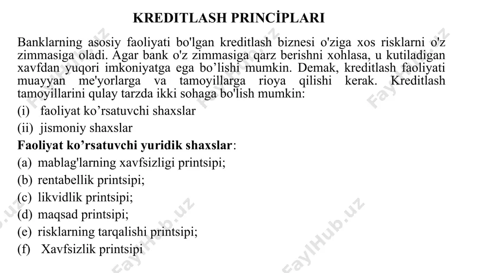 eganda, qarz oluvchining kredit shartnomasi shartlariga ko'ra, foizlar bilan birga qarzni to'lash imkoniyatiga ega ekanligi tushuniladi. qarzni to'lash qarz oluvchiga bog'liq (a) to'lov qobiliyati va (2) to'lashga tayyorlik. birinchisi, uning moddiy boyliklari va muvaffaqiyatiga bog'liq uning biznesi; agar u sa'y-harakatlarida muvaffaqiyat qozonsa, u foyda oladi va qarzni tezda to'lashi mumkin. aks holda, ssuda uning moddiy boyliklarini sotishdan tushgan tushumdan undiriladi. to'lashga tayyorlik unga bog'liq qarz oluvchining halolligi va xarakteridir. shuning uchun bankir buning uchun juda ehtiyot bo'lishi kerak, kredit so'ralayotgan korxona yoki biznes ishonchli va qarz oluvchi uni amalga oshirishga qodir (muvaffaqiyatli) bo’lishidir. u insofli, yaxshi xulq-atvor va obro‘-e’tiborli inson bo‘lishi kerak. bankir odatda qarz oluvchiga tegishli bo'lgan moddiy boyliklarning xavfsizligini ta'minlashga tayanadi. likvidlik. banklar asosan qisqa muddatli mablag'lar uchun vositachidir. ular mablag'larni qisqa muddatlarga va asosan aylanma mablag'larni to’ldirish uchun qarz beradi. kreditlar asosan talab bo'yicha to'lanadi. bankir qarz oluvchining kreditni talab bo'yicha yoki qisqa muddatda to'lash imkoniyatini ta'minlashi …