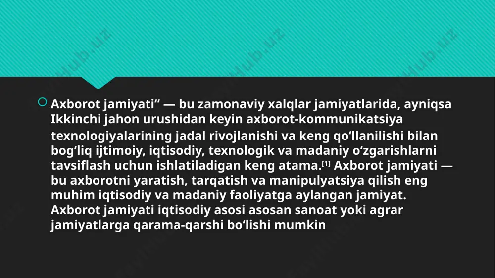 amiyat kasb etuvchi hodisalar yuz bergan. birinchi informatsion inqilob. birinchi informatsion inqilob yozuvning kashf etilishi bilan bogʻliq. yozuv insoniyatga bilimlarni to‘plasha va uni avlodlarga uzatish imkonini berdi.oʻz yozuviga ega boʻlgan sivilizatsiyalar boshqalariga nisbatan yuqori iqtisodiq va madaniy darajaga erishganligi maʼlum. bunga misol qilib, qadimgi misr, mesopatamiya, xitoy kabilarni keltirish mumkin.bu borada piktografik va ieroglifik yozuvdan alifboli yozuvga oʻtish alohida ahamiyatga ega boʻldi. ikkinchi informatsion inqilob￼￼￼￼ ikkinchi informatsion inqilob xvi asr oʻrtalarida kitob bosishning ixtiro qilinishi bilan bogʻliq. bu hodisa axborotlarni saqlabgina qolmay, ularni ommaga yoyish imkoniyatini yaratdi. savodxonlik alohida tabaqalar doirasidan chiqib, ommaviy tusga kirdi. bular ilmiy texnika rivojlanish jarayonini tezlashtirdi. kitoblar bilimlarning alohida mamlakat chegarasidan chiqib, umuminsoniy sivilizatsiya yaratilish jarayoniga turtki boʻldi uchinchi informatsion inqilob. uchinchi informatsion iqilob xix asr oxirida boʻlgan aloqa vositalarining taraqqiyoti bilan bogʻliq. telegraf, telefon va radio maʼlumotlarni turli masofalarga operativ uzatish va qabul qilish imkonini berdi. insoniyat taraqqiyotining aynan shu bosqichi „globallashuv“ jarayonining debochasi …