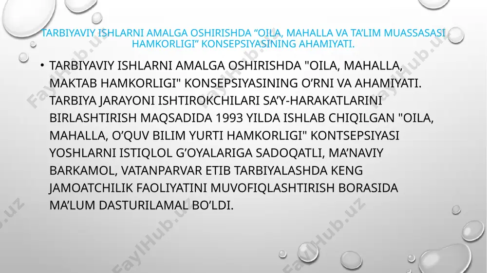 uchayishiga qaratilgan uslubiy ta'minotni mustahkamlash; oilada yoshlar va ota-onalarning ijtimoiy faolligini oshirish; o'quvchi yoshlarga ta'lim berish, ularni tarbiyalash, iqtidorli yoshlarni qo'llab-quvvatlash, ularni qiziqishlari bo'yicha kasbga yo'naltirish; yoshlar o'rtasida sog'lom turmush tarzini targ'ib qilish, ularni jismoniy tarbiya va sport bilan shug'ullanishga keng jalb etish orqali sog'lom oilaga tayyorlash; barkamol avlodni tarbiyalashga qaratilgan ma'naviy-ma'rifiy tadbirlarni mazmunan takomillashtirish, uning samaradorligini oshirish mexanizmini yaratish; sog'lom avlodni tarbiyalashda ommaviy axborot vositalari va zamonaviy axborot kommunikatsiya texnalogiyalaridan samarali foydalanish. ijtimoiy himoyaga muhtoj oilalarni moddiy va ma'naviy jihatdan qo'llab- quvvatlash; voyaga yetmagan o'smirlar va yoshlar o'rtasida xuquqbuzarlik va nazoratsizlikning oldini olish bo'yicha profilaktik tadbirlar samaradorligini oshirish; e’tiboringiz uchun raxmat image2.png image3.png image4.png image5.png image6.png image7.png image8.png image1.png /docprops/thumbnail.jpeg