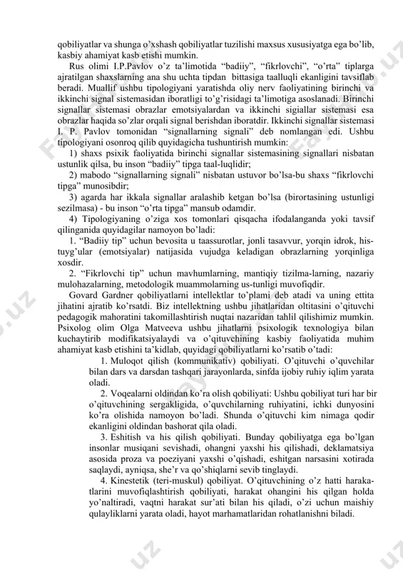 o’zining to’la rivojiga etib, o’zining rivojlanishi to’xtashi haqida so’zlash aslo mumkin emas. chunki qobiliyat doimiy rivojlanishda bo’lishi kerak. qobiliyat faqat rivojlanishda mavjud deb, biz bu rivojlanishni u yoki boshqa amaliy yoki nazariy faoliyat jarayonida amalga oshishini nazardan chetda qoldirishimiz mumkin emas, albatta. bundan xulosa qilinadiki, qobiliyat aniq faoliyatdan tashqarida paydo bo’lmaydi. faqat uni psixologik tahlil yo’li bilan biz ularni bir-biridan ajrata olamiz. qobiliyatni aniq faoliyat boshlanishidan oldin mavjud va faqat uning yakunida qo’llaniladi, degan xulosaga kelish aslo mumkin emas. go’dakda absolyut eshitish qobiliyati, tovush balandligini bilish dunyoga kelishidan oldin mavjud bo’lmaydi. ungacha faqatgina anatomo-fiziologik haqiqatdek iste’dod nishonasi mavjud bo’lgan. gap qobiliyat faoliyatda namoyon bo’lishida emas, balki ularning shu faoliyatda yaratilishidadir. qobiliyatning rivojlanishi, umuman har qanday rivojlanish ham bir tekisda kechmaydi: uning harakat kuchi ziddiyatlikning kurashidir, shuning uchun rivojlanishning turli bosqichida qobiliyat va qiziqishlar o’rtasida ziddiyatlar bo’lishi mumkin. lekin bo’lishi mumkin bo’lgan bunday ziddiyatlarni tan olish, qiziqishlarning paydo bo’lishi va rivojlanishi …