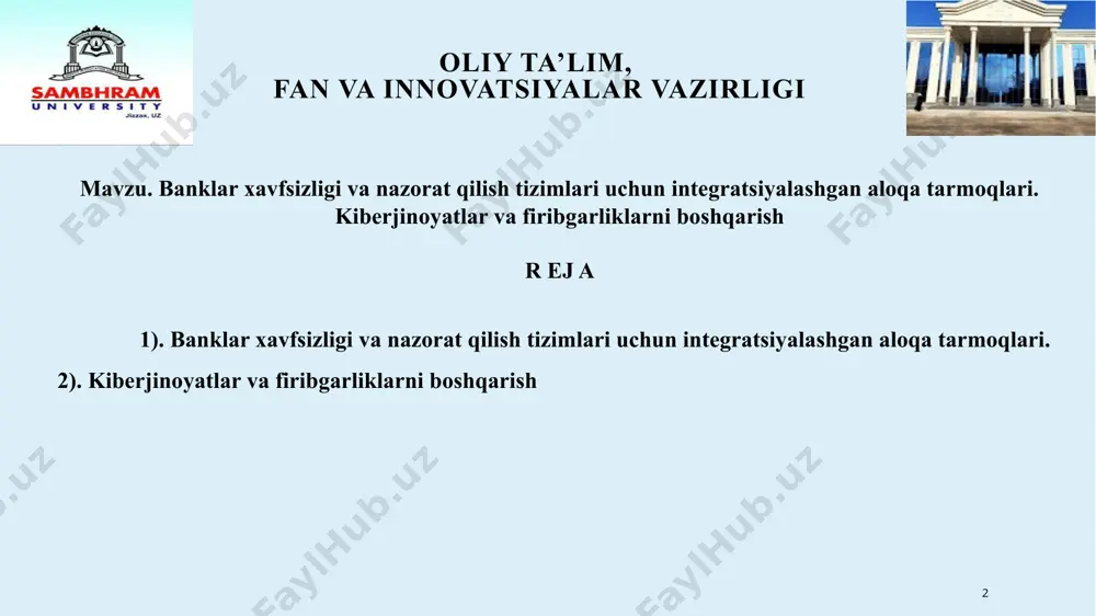 borot tizimi tarkibidagi elektron shakldagi axborot, ma’lumotlar banki, ma’lumotlar bazasi, shu jumladan axborot tizimlarida ochiq shaklda joylashtiriladigan yoxud e’lon qilinadigan audio-, video-, grafik va matnli axborot hisoblanadi axborot tizimi bu - axborotni to‘plash, saqlash, izlash, unga ishlov berish hamda undan foydalanish imkonini beradigan, tashkiliy jihatdan tartibga solingan jami axborot resurslari, axborot texnologiyalari va aloqa vositalari hisoblanadi 6 oliy ta’lim, fan va innovatsiyalar vazirligi axborot xavfsizligi bu - axborot munosabatlarining subyektlariga nomaqbul ziyonlarni keltirishi mumkin bo‘lgan tabiiy yoki sun’iy xususiyatli tasodifiy yoki qasddan qilingan ta’sirlardan axborot va ta’minlab turadigan infratuzilmaning muhofaza qilinganlig hisoblanadi axborot xavfsizligi noxush hodisasi bu - axborot xavfsizligining yagona voqeasi yoki bir qator noxush yoki kutilmagan voqealari bo‘lib, ushbu voqealar tufayli axborotning oshkor bo‘lishi va axborot xavfsizligiga tahdidlar ehtimoli hisoblanadi hujum bu - axborot aktivlarini yo‘q qilish, ochish, o‘zgartirish, blokirovkalash, tutib olish, ruxsat etilmagan foydalanish huquqini olish yoki axborot aktivlaridan ruxsatsiz foydalanishga urinish hisoblanadi 7 oliy ta’lim, fan …