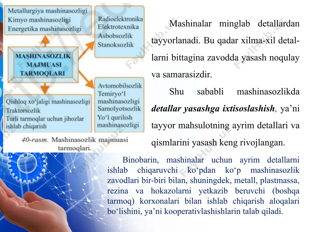 rxonalaridir. bu zavodlar paxtachilik uchun traktor seyalkalari, kultivatorlar, g‘o‘zapoya yuladigan, ko‘rak teradigan va chuviydigan, o‘g‘it aralashtiradigan, qishloq xo‘jaligi zararkunandalarini yo‘qotishda zaharli moddalarni purkaydigan mashinalar ishlab chiqaradi. 1994-yilda o‘zbek-isroil qo‘shma korxonasida paxta teradigan mashinaning yangi modeli yaratildi (42-rasm). this presentation uses a free template provided by fppt.com www.free-power-point-templates.com suv omborlari, kanallar qurilishi va ularni loyqadan tozalashda, suvni yuqoriga ko‘tarishda, umuman, irrigatsiyada qo‘llaniladigan mashinalar ishlab chiqaruvchi irrigatsiya mashinasozligi ham agrosanoat majmuasi ehtiyojiga ko‘ra vujudga keldi. irrigatsiya mashinasozligining markazi andijon viloyati hisoblanadi. paxtachilik rivojlangani sayin traktorlarga, paxta tashiydigan mashina va mexanizmlarga ehtiyoj orta bordi. shuning uchun toshkent traktor zavodi - ttzda universal traktorlar, paxtani qop-qanorsiz tashishga mo‘ljallangan ag‘darma tirkamalar ishlab chiqarila boshlandi. this presentation uses a free template provided by fppt.com www.free-power-point-templates.com toshkent, andijon, samarqand va kattaqo‘rg‘onda paxta tozalash hamda yog‘ sanoati uchun mashina va uskunalar ishlab chiqaruvchi mashinasozlik zavodlari joylashgan. milliy iqtisodiyotda, ayniqsa, qishloq xo‘jaligida mashina va mexanizmlar ko‘plab qo‘llanilayotganidan ularga ehtiyot …