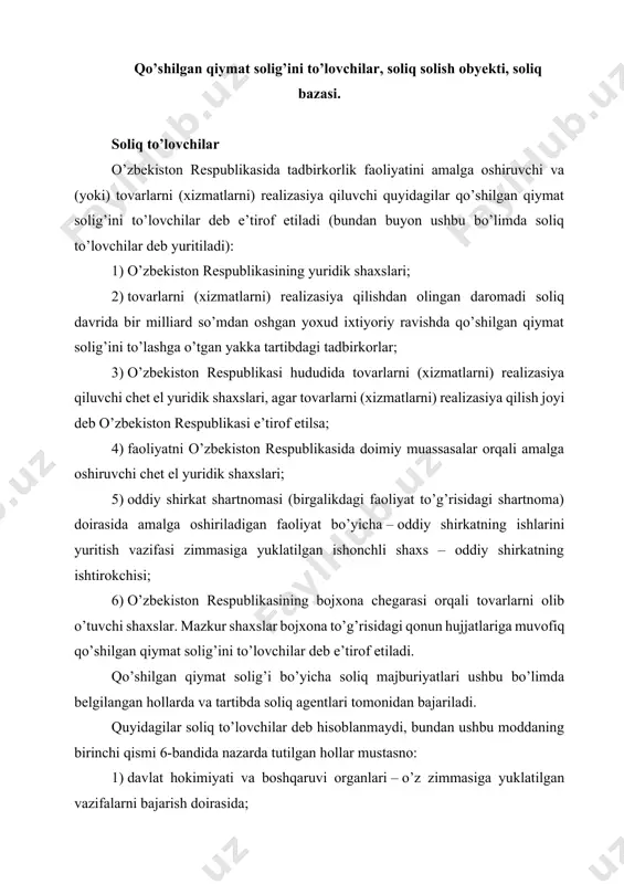rasiyalarni amalga oshirish (bundan numizmatika maqsadlari mustasno). tovarlarni (xizmatlarni) realizasiya qilish bo’yicha aylanma tovarlarni realizasiya qilish bo’yicha aylanma quyidagilardan iborat: 1) tovarga bo’lgan mulk huquqini pullik asosda, shu jumladan tovarning qarz shartnomasi bo’yicha o’tkazish; 2) tovarni bepul berish, bundan shunday berish iqtisodiy jihatdan o’zini oqlaydigan hollar mustasno; 3) mol-mulkni moliyaviy ijaraga (lizingga) berish; 4) tovarni bo’lib-bo’lib to’lash shartlari asosida berish. tovarni realizasiya qilishdan farq qiluvchi har qanday faoliyat, shu jumladan quyidagilar xizmatlarni realizasiya qilish bo’yicha aylanma deb e’tirof etiladi: 1) pullik asosda xizmatlar ko’rsatish; 2) bepul xizmatlar ko’rsatish, shu jumladan mol-mulkni soliq to’lovchining bepul foydalanishi uchun berish, bundan shunday xizmatlarni ko’rsatish iqtisodiy jihatdan o’zini oqlaydigan hollar mustasno. tovarlarni bepul berish yoki bepul xizmatlar ko’rsatish quyidagi shartlardan hyech bo’lmaganda biriga rioya etilganda iqtisodiy jihatdan o’zini oqlaydi deb e’tirof etiladi: 1) daromad olishga qaratilgan faoliyatni amalga oshirish maqsadida ishlab chiqarilgan bo’lsa; 2) shunday tadbirkorlik faoliyatini saqlash yoki rivojlantirish uchun zarur bo’lsa va …