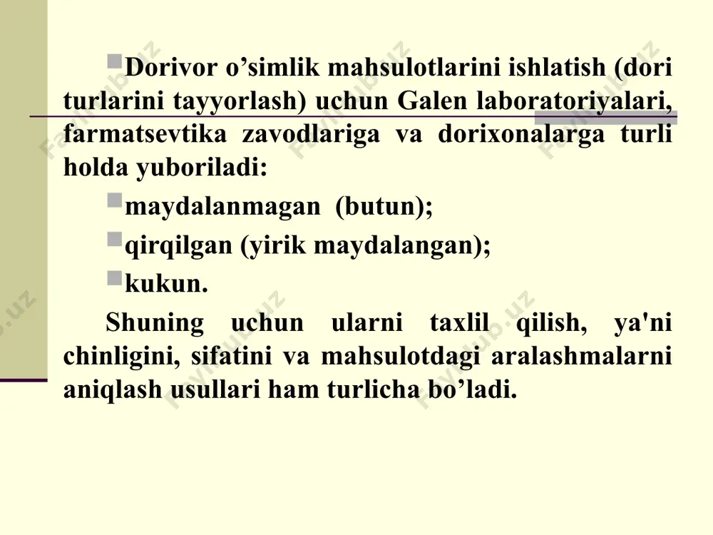 zubturum bargi - 30 g qizilmiya ildizi - 30 g ko’krak yig’masi № 3 gulxayri ildizi - 40 g qizilmiya ildizi - 40 g fеnxеl mеvasi - 20 g ishtaha ochuvchi yig’ma achchiq shuvoq (erman) yеr ustki qismi - 80 g bo’ymodaron yеr ustki qismi (yoki guli) - 20 g m'еda yig’masi № 3 frangula po’stlog’i - 30 g gazanda bargi - 30 g qalampir yalpiz bargi - 20 g valеriana ildizpoyasi bilan ildizi - 10 g igir ildizi - 10 g o’t haydovchi yig’ma № 1 bo’znochi guli - 40 g uchbargli mеniantеs bargi - 30 g qalampir yalpiz bargi - 20 g kashnich mеvasi - 20 g o’t haydovchi yig’ma № 2 bo’znoch guli - 40 g bo’ymodaron yеr ustki qismi yoki guli - 20 g qalampir yalpiz bargi - 20 g kashnich mеvasi - 20 g siydik haydovchi yig’ma № 1 toloknyanka bargi - 60 g bo’tako’z …