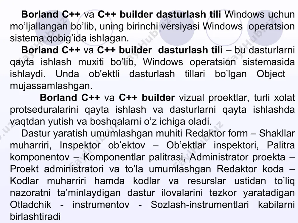 lar ro’yxati (window list). project buyruqlari guruhi menyuning bu buyruqlari guruhida ilovani boshqarish buyruqlari yig’ilgan. bu buyruqlar yordamida fayllarni qo’shish, o’chirish, vcl komponentalar kutubxonasiga komponenta qo’shish, kompilyatsiya qilish va shunga o’xshash amallarni bajarish mumkin. run buyruqlari guruhi menyuning bu buyruqlari guruhi yordamida ilovani ishga tushirish va bekorqilish, ilovani butunlay va qadamba-qadam rejimda ishga tushirish, ko’rish uchun qo’shimcha o’zgaruvchilar kiritish, ilova bajarilishini to’xtatuvchi belgilar kiritish mumkin. component buyruqlari guruhi menyuning bu buyruqlari guruhi yordamida yangi komponentalarni qo’shish va konfiguratsiyalarini aniqlash ishlari bajariladi. database buyruqlari guruhi database (ma’lumotlar bazasi) buyruqlar guruhi (20.14-rasm) ma’lumotlar bazasi bilan ishlaydigan buyruqlarni o’z ichiga olgan. tools buyruqlari guruhi menyuning bu buyruqlari guruhi yordamida ilova parametrlarini o’rnatish va yordamchi dasturlar buyruqlarini chaqirish mumkin. windows buyruqlari guruhi menyuning bu buyruqlari guruhi yordamida interfeysning oynalarini boshqarish mumkin. help buyruqlari guruhi menyuning bu buyruqlari guruhi yordamida muhit, til, komponentalar va kompyuter haqidagi ma’lumotlarni olishimiz mumkin. nazorat savollari 1.borland c++ builder dasturlash …