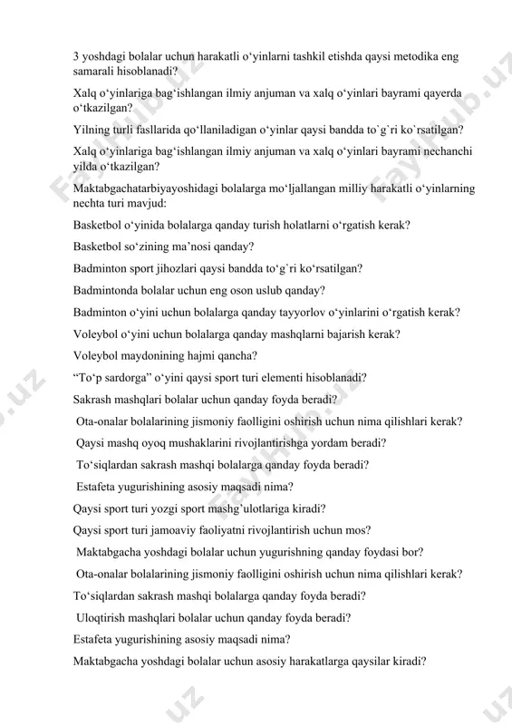 day turish holatlarni o‘rgatish kerak? basketbol so‘zining ma’nosi qanday? badminton sport jihozlari qaysi bandda to‘g`ri ko‘rsatilgan? badmintonda bolalar uchun eng oson uslub qanday? badminton o‘yini uchun bolalarga qanday tayyorlov o‘yinlarini o‘rgatish kerak? voleybol o‘yini uchun bolalarga qanday mashqlarni bajarish kerak? voleybol maydonining hajmi qancha? “tо‘р sаrdоrgа” о‘yini qaysi sport turi elementi hisoblanadi? sakrash mashqlari bolalar uchun qanday foyda beradi? ota-onalar bolalarining jismoniy faolligini oshirish uchun nima qilishlari kerak? qaysi mashq oyoq mushaklarini rivojlantirishga yordam beradi? to‘siqlardan sakrash mashqi bolalarga qanday foyda beradi? estafeta yugurishining asosiy maqsadi nima? qaysi sport turi yozgi sport mashg’ulotlariga kiradi? qaysi sport turi jamoaviy faoliyatni rivojlantirish uchun mos? maktabgacha yoshdagi bolalar uchun yugurishning qanday foydasi bor? ota-onalar bolalarining jismoniy faolligini oshirish uchun nima qilishlari kerak? to‘siqlardan sakrash mashqi bolalarga qanday foyda beradi? uloqtirish mashqlari bolalar uchun qanday foyda beradi? estafeta yugurishining asosiy maqsadi nima? maktabgacha yoshdagi bolalar uchun asosiy harakatlarga qaysilar kiradi? maktabgacha ta’lim muassasalarida bolalarning …