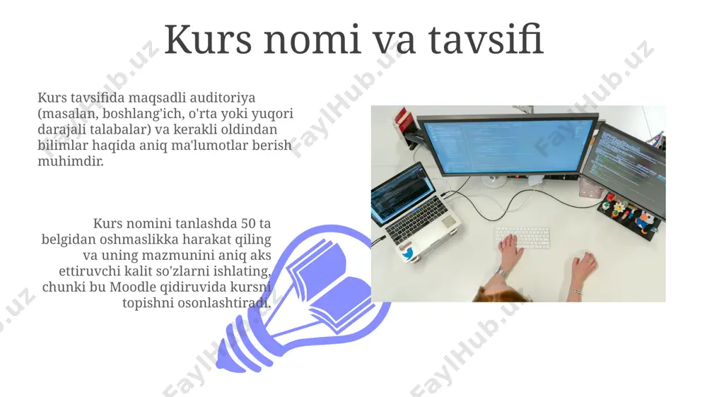 -da dars rejasini yaratishda, har bir boʻlimga 2-3 ta turli xil resurslar (matn, video, audio, testlar) qoʻshish orqali oʻquv jarayonini yanada samarali qilish mumkin. yangi kurs yaratish yangi kurs yaratgandan so'ng, uni "ko'rinish" sozlamalarini o'zgartirib, "yashirin" yoki "ko'rinuvchi" holatga o'tkazish, shuningdek, kursga kirish sanasini va muddatini aniq belgilash imkoniyati mavjud. kursning umumiy tuzilmasini rejalashtirishda, taxminan 5-7 ta bo'lim yoki mavzu yaratish va ularni mantiqiy ketma-ketlikda joylashtirish, shuningdek, har bir bo'lim uchun o'rtacha 3-5 ta dars yoki resurslarni rejalashtirish tavsiya etiladi. kursni nashr etish 01 02 moodle lms platformasida kursni nashr etishdan oldin, barcha tarkibiy qismlarni tekshirish va kamida 10 ta talaba bilan sinovdan o'tkazish, keyin esa nashr etish tavsiya etiladi. sales 1st qtr 2nd qtr 100 0 sales 1st qtr 2nd qtr 100 0 xavfsizlik sozlamalari kursning xavfsizlik darajasini 5 balli shkala bo’yicha (1 - eng past, 5 - eng yuqori) belgilashingiz va shunga mos ravishda fayllarga, forumlarga va boshqa …