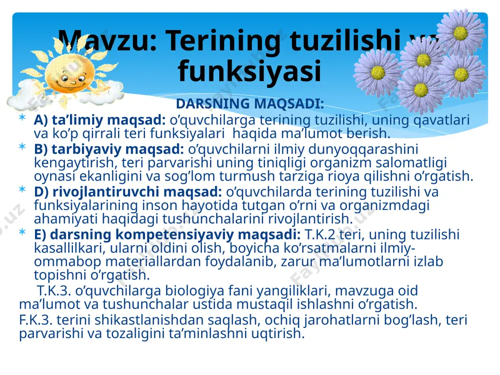 r 2-guruh fiziologlar, 3-guruh diyetologlar anatomlar tiriklikning tuzulishin, o’rganar anatomiya. u siz rivojlanolmas, hattoki meditsina. diyetologlar hatto ovqatlanishda, muhim tartib amal bor. gar sog’lom bo’lay desang, bunga bergin e’tibor. fiziologlar tanamizda barcha a’zolar, uzviy bog’liq holda ishlaydi. g‘o’yo ongli mavjudot kabi, quloq solsang dardin so’zlaydi. o’qituvchi: qani endi vitaminlar haqida “anatomlar”, “fiziologlar” va “diyetologlar” qanday maslahatlar beradilar. 1. anatomlar vitaminlar biologik faol moddalar bo‘lib, organizmda moddalar almashinuvida qatnashadi. rus olimi n.i. lunin (1853—1938) 1880-yilda himoya qilgan doktorlik dissertatsiyasida vitaminlar hayvonlar organizmi uchun muhim modda ekanligini birinchi bo‘lib isbotladi. uning xulosasiga ko‘ra, ovqat tarkibida oqsillar, yog‘lar, uglevodlar, tuzlar va suvdan tashqari, alohida moddalar ham bo’ladi, bularsiz organizm yashashi mumkin emas, deyilgan edi. keyinchalik bu noma’lum muhim moddalar 1912- yilda k. funk tomonidan vitaminlar, deb nomlandi (vita — hayot degan ma’noni bildiradi). 2. fiziologlar vitaminlaming 40 dan ortiq turi bo‘lib, ularning har biri odam organizmida muhim fiziologik vazifani bajaradi masalan: a vitamini …