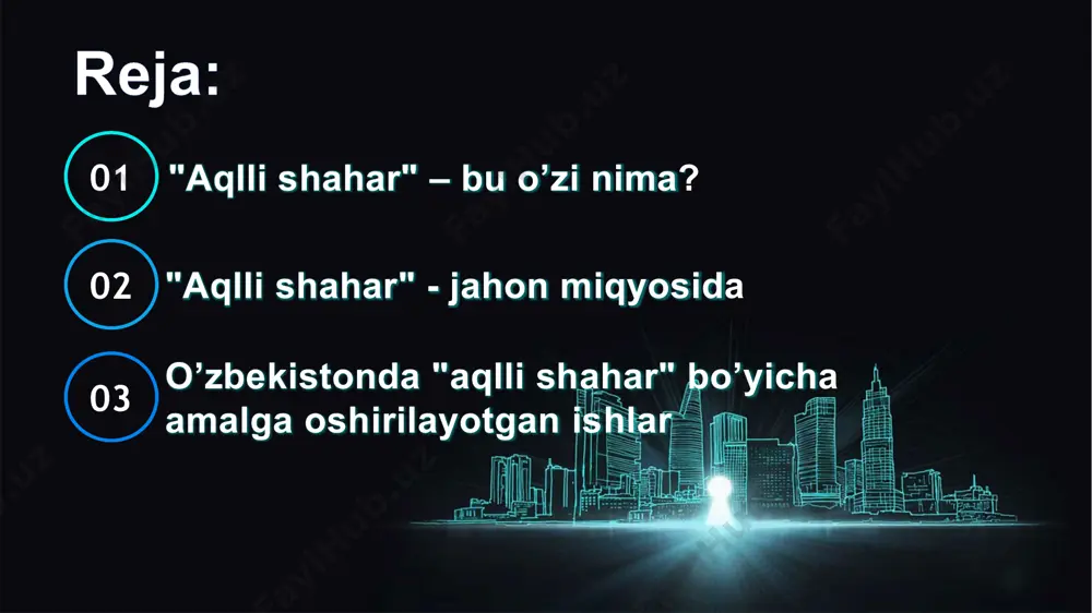 o‘zbekiston prezidenti shavkat mirziyoyev tomonidan 2017-2023-yillarda butun o‘zbekistonni qamrab olgan “xavfsiz shahar” loyihasini amalga oshirish bo‘yicha chora-tadbirlar dasturi tasdiqlandi. o‘zbekiston respublikasi vazirlar mahkamasining 2019-yil 18-yanvardagi 48-son qaroriga muvofiq o‘zbekiston respublikasida “aqlli shahar” texnologiyalarini joriy etish konsepsiyasi va uni amalga oshirish bo‘yicha 2019- 2030 yilga mo‘ljallangan amaliy chora-tadbirlar rejasi tasdiqlandi, ular to’rt bosqichda amalga oshiriladi. shunday qilib, o‘zbekistondagi “aqlli” shahar inqirozli vaziyatlarni boshqarish, monitoring qilish va ularga javob berish markaziga ega yagona tizimdir. birinchi bosqich (2019-2021 yillar) ikkinchi bosqich (2022-2024) to’rtinchi bosqich (2028-2030 yillar) uchinchi bosqich (2025-2027) shaharni nima aqlli qiladi? data-markaz universal shahar ilovasi haydovchisiz avtomobillar aqlli to‘xtash joylari aqlli yoritgich quyosh batareyalari kameralar yong‘inga qarshi datchiklar aqlli chiqindi idishlari o‘q uzish lokatorlari ochiq ma'lumot o‘zbekistonda singapur tajribasi asosida “aqlli shahar” qo‘shma loyihasi amalga oshiriladi. bu haqda investitsiyalar, sanoat va savdo vazirligi matbuot xizmati xabar berdi. xususan, bu bo‘yicha vazir laziz qudratov hamda singapur mehnat resurslari vaziri, savdo va sanoat …