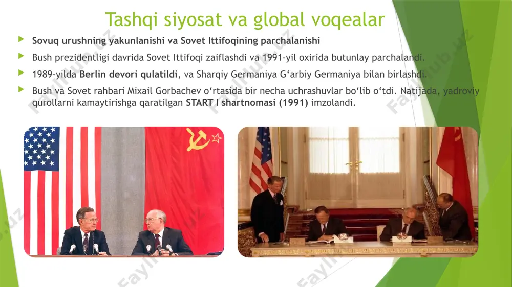 m bo‘lgan. kichik jorj bush davrida amerika (2001–2009) terrorga qarshi siyosat 11-sentabr 2001 dan so‘ng, aqshda milliy xavfsizlik asosiy mavzuga aylandi. “usa patriot act” qabul qilinib, razvedka va politsiyaga kengroq vakolatlar berildi. ichki xavfsizlik departamenti (department of homeland security) yangi tashkil etildi. ta’lim: no child left behind act (2002) — davlat maktablarida ta’lim sifatini oshirish va o‘quvchilar yutuqlarini kuzatish tizimi joriy qilindi. ✔️ diniy tashkilotlarni qo‘llab-quvvatlash bush diniy asosli xayriya tashkilotlariga hukumat yordamlarini yo‘naltirdi. tashqi siyosat afg‘oniston urushi (2001) al-qoida va tolibon rejimini yo‘q qilish uchun boshlangan. aqsh harbiylari kobulni egalladi va yangi hukumat o‘rnatildi. 🇮🇶 iroq urushi (2003) saddam husaynni omaviy qirg‘in qurollari ishlab chiqmoqda, deb e’lon qilingan. urush natijasida saddam ag‘darildi, ammo wmd topilmadi. bu urush uzoq davom etdi va aqshni og‘ir moliyaviy, siyosiy va insoniy yo‘qotishlarga olib keldi. iqtisodiyot 2001–2006: o‘sish davri soliqlar pasaytirildi, iqtisodiy o‘sish kuzatildi. uy-joy bozori tez rivojlandi (ko‘p ipoteka kreditlari berildi). 📉 2007–2008: …