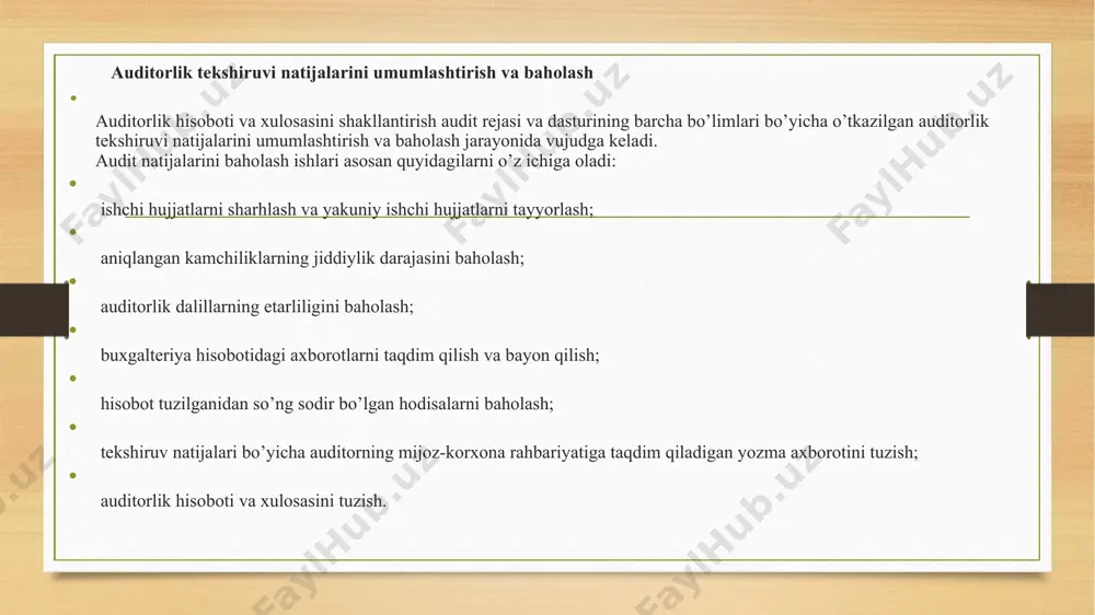 joriy majburiyatlar to’liq va haqqoniy aks ettirilganligi to’g’risida olingan dalillar, buxgalteriya hisoboti tuzilganidan so’ng to’langan qarzlarga nisbatan etarli darajada deb baholanishi mumkin. shundan so’ng auditor to’lovi tasdiqlangan va tasdiqlanmagan qarzlar summalarining katta - kichikligini baholaydi; schyotlarni buxgalteriya hisoboti tuzilganidan so’ng tayyorlangan moddiy javobgar shaxslar hisobotlari bilan, hisob ma’lumotlari bo’yicha qoldiqlar bilan solishtirish. buxgalteriya hisoboti tuzilgan kundan oldin olingan barcha schyotlar (etkazib berilgan tovarlar, bajarilgan ish va ko’rsatilgan xizmatlar uchun) joriy davrdagi hisobda va shu davr uchun tuzilgan hisobotda aks ettirilishi kerak. shuning uchun buxgalteriya balansi tuzilgan sanadan so’ng tayyorlangan materiallar harakati to’g’risidagi hisobotlar va schyotlardagi sanalar, mulklar va majburiyatlarning balansda to’g’ri aks ettirilganligini tekshirish maqsadida taqqoslanishi maqsadga muvofiq. mavjud qoldiqlarni schyot-fakturalar ma’lumotlari, moddiy javobgar shaxslar hisobotlari va to’lov hujjatlari bilan solishtirish. agar debitor va kreditor qarzlarning miqdori xo’jalik yurituvchi sub’ekt moliyaviy ahvoli uchun sezilarli darajada bo’lsa, auditorlar hisobga olishning to’g’riligi va aniqligini tekshirishi, shuningdek, hisob ma’lumotlari bo’yicha majburiyatlarning oshirib ko’rsatilmaganligini …
