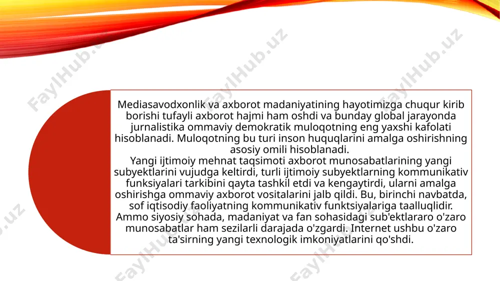 bog‘liq asosiy prinsiplar haqida qabul qilingan deklaratsiyasida xususan, shunday deyiladi: “rivojlanayotgan ma mlakatlar uchun va ulardan chiqayotgan xabarlar tarqatilishida tengsizlikka yo‘l qo‘yilmasligi kerak. shu o‘rinda o‘zbekistondan tarqatilayotgan xabarlarga keng yo‘l ochilishini ta’minlamoq zarur”. 1980 yilda yunesko tomonidan xalqaro maydonda yangiliklar hamda turli madaniy mahsulotlar oqimini nazorat qilish (yoki litsenziyalash) bo‘yicha alohida rezolyusiya qabul qilingan. shu yili yunesko tashabbusi bilan “kommunikatsiyalarni rivojlantirish xalqaro dasturi” nomini olgan yangi tashkilot faoliyat yurita boshladi. nufuzli xalqaro tashkilot tomonidan amalga kiritilayotgan bu kabi yangiliklar bir qator rivojlangan davlatlarga ma’qul kelmadi. ushbu mamlakatlar vakillarining fikriga ko‘ra, go‘yoki, yunesko joriy etayotgan tizim bu boradagi faoliyat turlarining nazorat etilishi, g‘arb matbuotining demokratik an’analariga zid va umuman dunyoda axborotning erkin tarqatilishiga halaqit berar ekan. adabiyotlar: 1. mirziyoev sh.m. niyati yayf xalkning ishi xam uluf, xayoti yoruf va kelajagi farovon buladi. -t.: uzbekiston, 2019. 2. mamatova ya., sulaymanova s. uzbekiston mediata'lim tarakkiyot yulida. ukuv kullanma. extremum-press, 2015. - 94 b. …