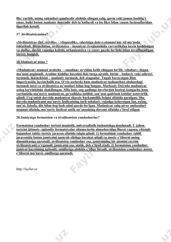 tipi rivojlanish bosqichi, tarixiy davrni, bu ishlab chiqarish munosabatlarining rivojlanishi va o‘zgarishi esa jamiyat rivojlanishining mohiyatini belgilaydi, degan xulosaga kelingan.bu qoidalardan kelib chiqib, ijtimoiy-iqtisodiy formatsiya – bu jamiyatning muayyan tarixiy tipi, ishlab chiqarishning muayyan usuliga asoslangan va ijtimoiy taraqqiyot bosqichi sifatida amal qiladigan yaxlit ijtimoiy tizim, degan to‘xtamga kelish mumkin 7.jamiyatning falsafiy tahlili. falsafa, muayyan hodisalarning sabablari nimada, degan savolga javob topish vazifasini o‘z oldiga qo‘ymasa-da, tarix fanining metodologik asoslarini yaratadi, mazkur sabablarni aniqlashga nisbatan qanday yondashish kerak, degan savolga javob beradi. dunyoqarashga doir o‘z mo‘ljallariga tayanadi, ijtimoiy va gumanitar fanlarning kategoriyalar apparatini ishlab chiqishda ishtirok etadi. o‘z kategoriyalarining ijtimoiy mazmunini yoritar ekan, falsafa shunga asoslanib, muayyan-tarixiy jarayonlarni tahlil qilishni amalga oshiradi. tarix falsafasining muammolaridan biri bu tarixiy jarayonning birligi muammosi va tarixni davriylashtirish tamoyillarini belgilashdir. falsafaning vazifasi jamiyat hayotining asosiy negizlarini, uning tizim tashkil etadigan omillarini aniqlashdan iborat. tarix falsafasida dunyoqarashga doir mo‘ljallarining rang-barangligi bilan ajralib turadigan ko‘plab oqimlar …