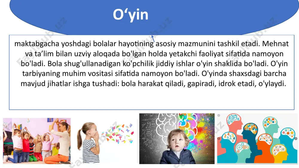 iqarli bo'lishi kerak. asar bolalarning yoshiga mos kelishi kerak 2-bosqich. sahnalashtirish uchun tanlangan hikoya, she'r yoki ertakning mazmunini o'qib berish yoki qo'g'irchoq, soya teatrida ko'rsatish orqali tanishtiriladi. 3-bosqich. eslab qolish. asarni bolalar eslab qolishlari uchun uni qayta o'qib berish, postanovka ko'rsatish, rasmlar namoyish etish, didaktik o'yinlardan foydalaniladi. 4-bosqich. o'yin qiziqarli o'tishi va uzoq davom etishi uchun o'yinga kerakli materiallar, kiyimlar tayyorlab berish va shu bilan birga to'g'ri rahbarlik qilish kerak. bu ishni tarbiyachi bajaradi, katta guruhda esa tarbiyachi yordamida u bilan birgalikda bolalar bajarishadi. tarbiyachi bir qancha ertakka doir rasmlar ko'rsatadi qurilish o'yinlari samarali faoliyat hisoblanib, bolalarda bunyod etilgan inshootni mavjud buyum va narsalar, inshootning qurilishiga asos bo'lib xizmat qilgan tasavvur bilan qiyoslash, taqqoslash ko'nikmalarini shakllantirishga imkon beradi. u bolalarda kuzatuvchanlikni rivojlantirishga yordam beradi. qurilish materiallari turli xildagi geometrik shakllardan iborat. bolalar har bir shaklning o'ziga xos xususiyatlarini yaxshi bilib olishlari lozim, aks holda hech qanday qurilishni amalga oshirib bo'lmaydi. …