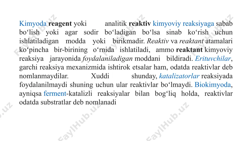ida o'zgarmasdir. reaktivning o'zi kimyoviy elementlarni jonlantiradi va harakatga keltiradi, boshqacha qilib aytganda, ularni harakatga keltiradi, keyin esa tezlashtiradi. natijada olingan kimyoviy tajriba yoki kerakli reaktsiyaga erishish. reagentning ma'nosini muhokama qilishni davom ettirar ekanmiz, bu so'z lotin tilidan "boshqa moddaning ichidagi modda" deb tarjima qilinganligini ta'kidlash kerak. lekin bu faqat majoziy, chunki reaksiya boshlanishi bilan unga boshqa elementga tegishi kifoya. suvni tozalash — suv taʼminoti manbalari (daryolar, koʻllar, suv havzalari, suv omborlari va boshqalar)dan vodoprovod tarmogʻiga kelib tushadigan suvning sifatini belgilangan meʼyorga keltirish uchun moʻljallangan texnologik jarayonlar majmui. sanoat korxonalari va maishiy korxonalardan chiqadigan oqova suvlarni tozalashni ham oʻz ichiga oladi. [[suv taʼminoti va kanalizatsiya tizimidagi, korxonalardagi muxandislik inshootlari yordamida hamda biologik va kimyoviy usullarda amalga oshiriladi. yer yuzasidagi tabiiy suv manbalari (daryolar, koʻllar va boshqalar) suvini vodoprovod tarmogʻiga yuborishdan oldin tindiriladi, tiniklashtiriladi va zararsizlantiriladi. tozalash inshootlarida tindirish va tiniklashtirishda suv tarkibidagi muallaq va kolloid (mayda) zarralar suv tagiga chukadi, …