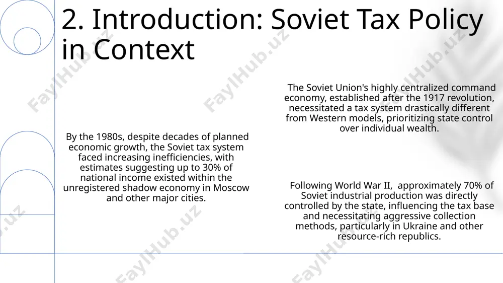 d leningrad, often exceeded 10% for many workers, significantly impacting disposable income. income tax rates in the ussr, particularly impacting higher earners in the 1960s, could reach as high as 70% for individuals earning over 700 rubles monthly, a considerable portion of national average wages. 8. direct taxes: the burden on wages and income high rates of taxation, particularly on the sale of agricultural products in rural areas like siberia, were crucial to funding the 1930s collectivization, despite significant peasant resistance and lower-than-expected yields. military spending consumed a substantial portion (upwards of 20% in many years during the cold war) of the soviet budget, reflecting resource priorities centered on geopolitical competition with the united states and western europe. the five-year plans, beginning in 1928, drastically increased resource allocation to heavy industry, diverting 20-30% of national income towards state-directed projects like the dnieper dam in ukraine. 9. resource mobilization for state-directed …