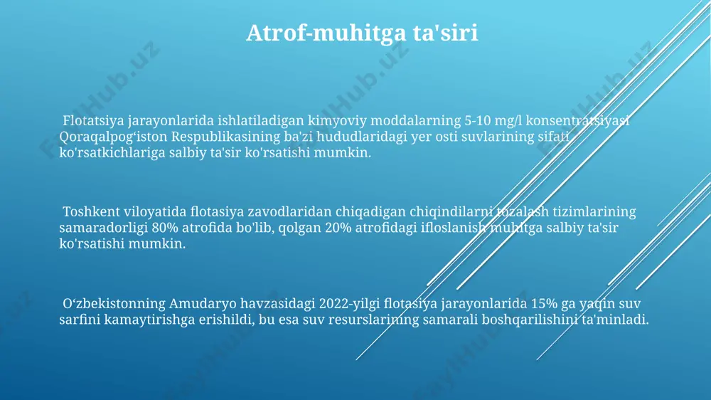 neumatik flotatorlar 50-100 m³/soat sigʻimga ega boʻlishi mumkin va koʻpincha oltin va kumush kabi nodir metallarni qazib olishda, xususan, qozogʻistonning shimoliy hududlarida qoʻllaniladi. flotatsiya texnologiyasining kelajagi bioflotatsiya usullari rivojlanishi tufayli, 2025-yilga kelib, kanada va janubiy afrika kabi mintaqalarda atrof-muhitga ta'siri minimal bo'lgan yangi, ekologik toza flotasiya zavodlarining soni 2 barobar oshishi kutilmoqda. flotatsiya texnologiyalari 2030-yilga kelib global miqyosda 5% ga samaradorligini oshirishi va 100 million tonnadan ortiq qo'shimcha foydali qazilmalarni qazib olish imkonini berishi kutilmoqda, ayniqsa, avstraliya va chili kabi mamlakatlarda. sun'iy intellekt va mashinaviy o'rganish texnologiyalarining joriy etilishi natijasida flotasiya jarayonlarini optimallashtirish orqali, energiya sarfini 15% gacha kamaytirish va ishlab chiqarish xarajatlarini sezilarli darajada qisqartirish mumkin bo'ladi. kollektorlar turli xil kolloid tizimlar, shu jumladan, 20-40 mikron o'lchamdagi zarrachalar uchun maxsus ishlab chiqarilgan kollektorlar mavjud, ularning efektivligi mineral tarkibiga bog'liq. avstraliyaning oltin konlarida ishlatiladigan kollektorlarning kimyoviy tarkibi va konsentratsiyasi boyitishning muayyan sharoitlariga, masalan, ph darajasi va pulpa zichligiga qarab aniqlanadi. …