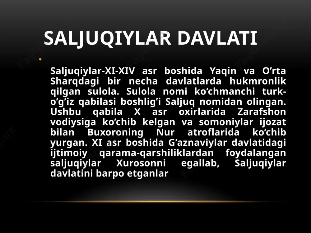 ati avjga chiqqan davrlarda gʻarbiy saljuqiylar ham uning siyosiy taʼsiri ostida boʻlishgan, gʻaznaviylar davlati esa unga 1117-yildan tobe boʻlgan. anushteginiylardan qutbiddin muhammad, xususan, otsiz davrlarida xorazm ham saljuqiylar davlatidan ajralib chiqib, oʻz mustaqilligini tiklagan. otsiz, hatto saljuqiylar poytaxti marvni egallab, nishopurni qamal qilgan (1141—42). sanjarning vafoti (1157)dan soʻng saljuqiylarning xurosondagi hokimligi tugagan. xuroson gʻuzlar (oʻgʻuzlar) tasarrufiga kirgan. 1117-yil saljuqiylarning shom (suriya) sultonligi, 1187-yil kermon sultonligi ham tugatilgan. xorazmshohlar 12-asr 2-yarmidan boshlab gʻarbiy saljuqiylarning iroq sultonligiga kuchli zarbalar berishgan. xorazmshoh takash iroq sultonligini ham tor-mor qilib, oʻz davlatiga qoʻshib olgan (1194). faqat kichik osiyodagi koʻniya (anadolu yoxud rum) sultonligi 14-asr boshlarigacha hukm surgan.bu davlat vatanimiz tarixida chuqur iz qoldirdi saljuqiylar podshosi kay-xusrav ii tangasi, sivas, 1240-1241 saljuqiylar davlati tepasida oliy hukmdor — sulton (sulton ulaʼzam) turgan. uning nomidan xutba oʻqilib, tanga zarb etilgan. taxt otadan bolaga meros sifatida oʻtgan. mulk, yersuv taqsimlash, muhim davlat va boshqaruv mansablariga tayinlash, amaldorlar ishini nazorat …