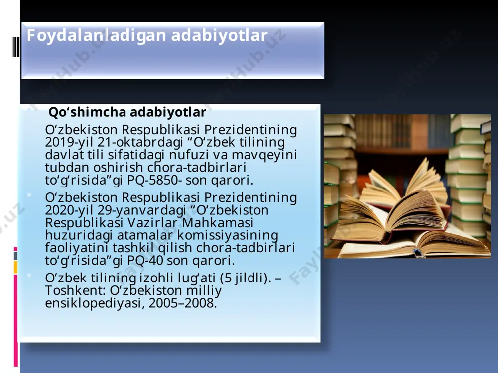 chilik so‘zlarga egalik qo‘shimchasi qo‘shilganda k, q tovushi aslicha aytiladi va yoziladi: shtirok — ishtiroki, ocherk — ocherki, erk — erki, huquq — huquqim, ravnaq — ravnaqi, yuq — yuqi kabi. iii qo‘shib yozish 38-50- qoidalar 38-qoida xona, noma, poya, bop, xush, ham, baxsh, kam, umum, rang, mijoz, sifat, talab kabi so‘zlar yordamida yasalgan qo‘shma ot va qo‘shma sifatlar qo‘shib yoziladi: qabulxona, tabriknoma, taklifnoma, bedapoya, ommabop, xushxabar, hamsuhbat, orombaxsh, kamquvvat, bug‘doyrang, umumxalq, sovuqmijoz, devsifat, suvtalab kabi. 39-qoida -(a)r (inkor shakli — -mas) qo‘shimchasi bilan tugaydigan qo‘shma ot va qo‘shma sifatlar qo‘shib yoziladi: o‘rinbosar, otboqar, cho‘lquvar, ishyoqmas, qushqo‘nmas kabi. iv chiziqcha bilan yozish 51-56-qoidalar 51-qoida eslatma: 1) juft so‘zdan qo‘shimcha yordamida yasalgan so‘zlar ham chiziqcha bilan yoziladi: baxt-saodatli, xayr-xo‘shlashmoq kabi; 2) juft so‘z qismlari orasida -u (-yu) bog‘lovchisi kelsa, undan oldin chiziqcha qo‘yiladi va juft so‘z qismlari ajratib yoziladi: do‘st-u dushman (do‘st-dushman), kecha-yu kunduz (kecha-kunduz) kabi; 3) yetakchi va ko‘makchi fe’l …