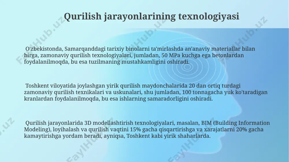 shdi, bu esa 500 dan ortiq yangi qurilish texnikasining joriy etilishi bilan bog'liq. farg'ona vodiysida qurilishda ishlatilayotgan beton aralashtirgichlarning o'rtacha quvvati 100-150 kvt ni tashkil etadi, bu esa 300 m³ betonni bir kunda tayyorlash imkonini beradi. samarqand viloyatida yirik qurilish loyihalarida 150 ga yaqin ekskavator va buldozerlar kabi og'ir mexanizmlar ishlatilmoqda, bu esa ishlarning tezligini 2 barobar oshirdi. e'tiboringiz uchun rahmat @taqdimot_robot image1.png