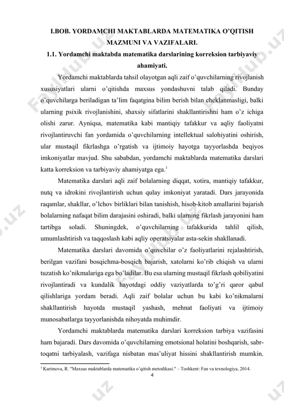 ularning mustaqil fikrlash qobiliyatini rivojlantiradi va kundalik hayotdagi oddiy vaziyatlarda to’g’ri qaror qabul qilishlariga yordam beradi. aqli zaif bolalar uchun bu kabi ko’nikmalarni shakllantirish hayotda mustaqil yashash, mehnat faoliyati va ijtimoiy munosabatlarga tayyorlanishda nihoyatda muhimdir. yordamchi maktablarda matematika darslari korreksion tarbiya vazifasini ham bajaradi. dars davomida o’quvchilarning emotsional holatini boshqarish, sabr-toqatni tarbiyalash, vazifaga nisbatan mas’uliyat hissini shakllantirish mumkin. masalan, hisob-kitob ishlari yoki amaliy mashg’ulotlar orqali o’quvchilarga o’z mehnatining natijasini ko’rsatish, ularni muvaffaqiyatga erishishga undash orqali ularda o’ziga bo’lgan ishonch hissi paydo qilinadi. bu esa psixik rivojlanishning muhim omillaridan biri hisoblanadi. matematika darslarida bolalarning ijtimoiy moslashuvini oshirish ham ko’zda tutiladi. juftlikda yoki guruhda bajariladigan mashqlar, umumiy o’yinlar orqali o’quvchilar o’zaro muloqot qilishni, hamkorlikda ishlashni, boshqalarning fikrini tinglashni va o’z fikrini ifodalashni o’rganadilar. bunday faoliyatlar aqli zaif bolalarning kommunikativ qobiliyatlarini rivojlantirib, ularning jamiyatga integratsiyalashishiga yordam beradi. korreksion tarbiyaviy ahamiyatni kuchaytirish uchun matematika darslari davomida ko’rgazmali qurollar va didaktik o’yinlardan keng foydalanish muhimdir. …