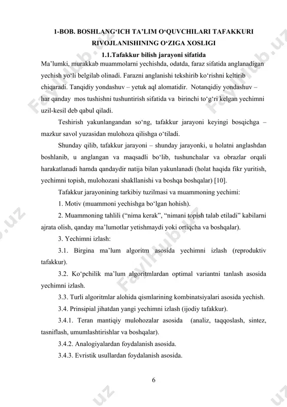 xossalari ta’sirida to‘planadi, lekin u maqsad nuqtai nazaridan unchalik muhim bo‘lmaydi. tafakkur qo‘yilgan masala yechimiga taqqoslash, analiz, sintez, abstraksiya va umumlashtirish kabi turli amallar yordamida keladi: -taqqoslash – predmet va hodisalar yoki alohida belgilar o‘rtasidagi o‘xshashlik va farqlarni aniqlashdir. taqqoslash bir tomonlama (to‘liq bo‘lmagan, bitta belgiga ko‘ra) va ko‘ptomonlama (to‘liq, barcha belgilariga ko‘ra), sirtqi va chuqur, bevosita va bilvosita bo‘ladi. - analiz – yaxlitni fikran qismlarga yoyish yoki bir butunni fikran tomonlarga, harakatlarga, munosobatlarga ajratishdir. elementar shaklda analiz predmetni tashkil qiluvchi qismlarga amaliy jihatdan yoyishda ifodalanadi. analiz amaliy (fiklash jarayoni bevosita gapirish jarayoniga qo‘shilgan paytda) va aqliy (nazariy) bo‘ladi. -sintez – fikran qismlar, xossalar, harakatlarni birlashtirib, bir butun yaxlitlikka keltirish. sintez amali analizga qarama-qarshidir. sintez jarayonida alohida predmetlar o‘rtasidagi munosobatlar yoki hodisalar murakkab yaxlit predmet yoki hodisaning elementi sifatida aniqlanadi . analiz va sintez har doim birgalikda boradi. analiz va sintez tafakkurda o‘zaro bir-biri bilan bog‘lanadi. sitezsiz analiz butunni qismlar …