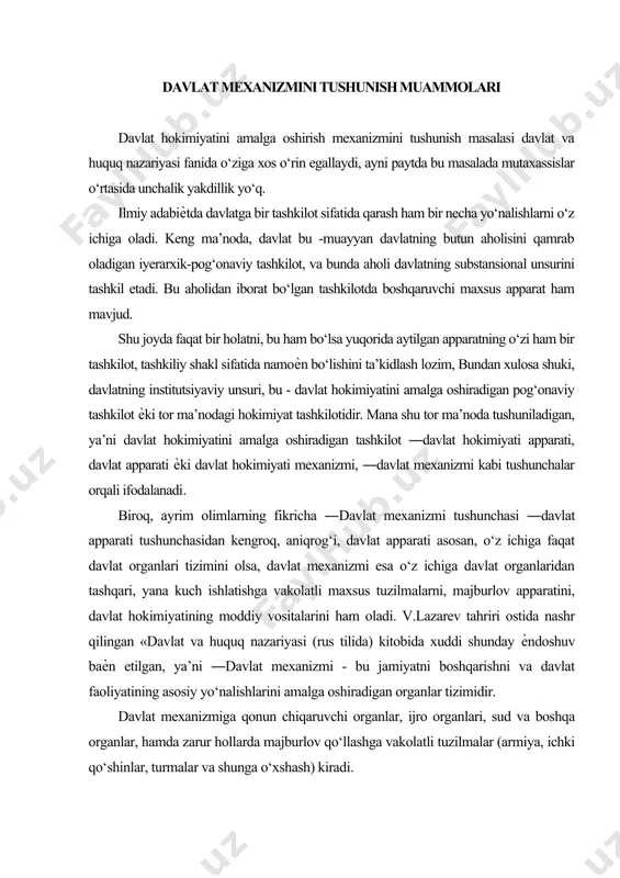 n «davlat va huquq nazariyasi (rus tilida) kitobida xuddi shunday ѐndoshuv baѐn etilgan, ya’ni ―davlat mexanizmi - bu jamiyatni boshqarishni va davlat faoliyatining asosiy yo‘nalishlarini amalga oshiradigan organlar tizimidir. davlat mexanizmiga qonun chiqaruvchi organlar, ijro organlari, sud va boshqa organlar, hamda zarur hollarda majburlov qo‘llashga vakolatli tuzilmalar (armiya, ichki qo‘shinlar, turmalar va shunga o‘xshash) kiradi. bizning fikrimizcha, mana shunday ѐndoshuv samarali, zero davlat mexanizmi, har holda strukturaviy jihatdan davlat apparatidan keng, shu bois bu tushuncha davlat apparati tushunchasidan ham kengroqdir. ta’kidlash kerakki, ilmiy adabiѐtda davlat mexanizmiga odatda quyidagicha tipik ta’rif berishadi: davlat mexanizmi bu-davlat hokimiyatini amalga oshiradigan, davlatning funksiyalarining bajarilishini ta’minlaydigan davlat organlari tizimidir. boshqa ta’riflar ham shaklan farq qilsa-da mazmunan ushbu ta’rifga yaqin turadi. davlat mexanizmi - bu davlat hokimiyatini, uning vazifa va funksiyalarini amalga oshiruvchi davlat organlari va muassasalarining yaxlit iyerarxik (pog‘onaviy) tizimidir. davlat hokimiyatini amalga oshirish mexanizmi yaxlit bir tizim bo‘lib, u qator xarakterli beligilarga egadir: 1. …