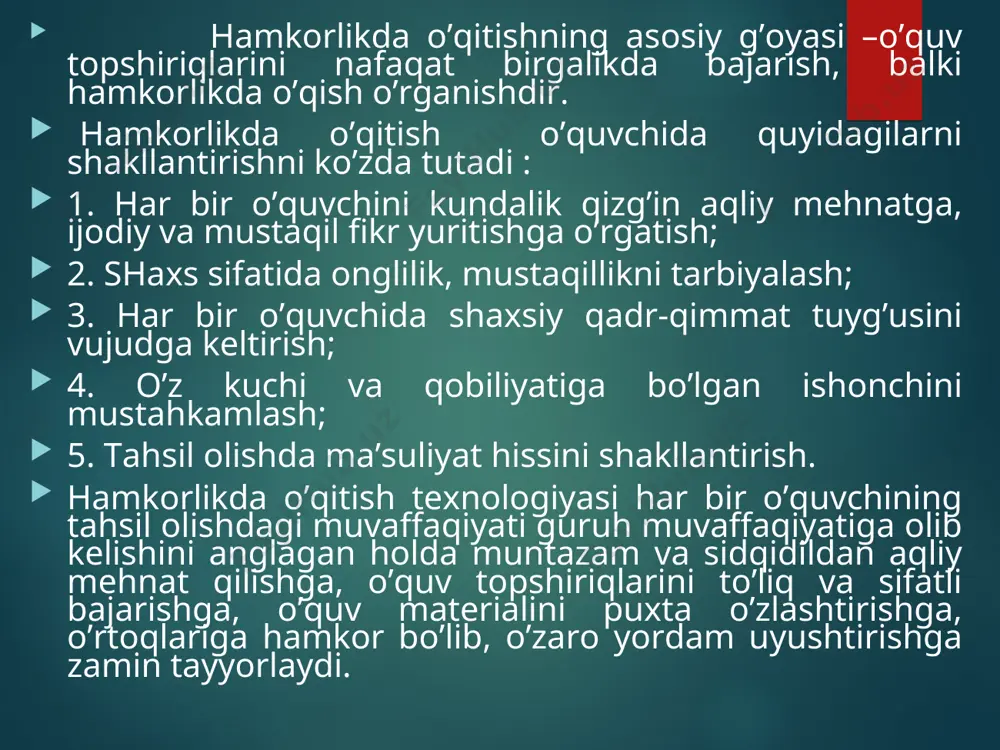 agicha loyihalash tavsiya etiladi: i. tashkiliy qism. ii. o’tgan mavzu bo’yicha o’quvchilarning bilimini test savollari yordamida nazorat qilish va baholash. iii. o’quvchilarni dars mavzusi, maqsadi, borishi bilan tanishtirish. iy. yangi mavzuni o’rganish bo’yicha o’qituvchining axboroti. a) b) v) g) y. o’quvchilarni kichik guruhlarga ajratish hamda o’quv topshiriqlarini mustaqil ravishda sifatli bajarilishiga erishish. yi. o’quvchilar bilimini test savollari yordamida nazorat qilish va baholash. yii. yangi mavzuni qayta ishlash va yakunlash. yiii. uyga vazifa berish. hamkorlikda o’qitishning “zigzag yoki arra” metodi yordamida tashkil etish(e.aronson, 1978) pedagogik amaliyotda bu metod qisqacha “arra” metodi deb nomlanadi. mazkur metodda kichik guruhlar 6-8 nafar o’quvchidan tashkil topadi. dars davomida o’rganiladigan mavzu mantiqan tugallangan qism(blok yoki modul)larga ajratiladi. har bir qism yuzasidan o’quvchilar bajarishi lozim bo’lgan o’quv topshiriqlari tuziladi. har bir o’quvchilar guruhi mazkur topshiriqlarning bittasini bajaradi va shu qism bo’yicha “mutaxassis”ga aylanadi. so’ngra bu guruhlar qayta tashkil etiladi. bu guruhlarda har bir qism “mutaxassisi” bo’lishi shart, …