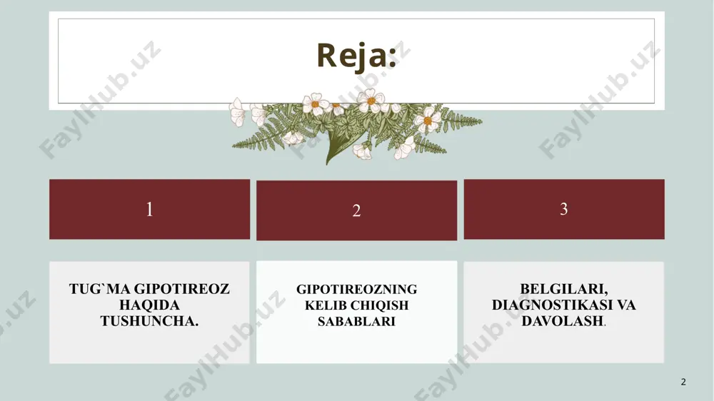 ni dunyoga keltirgan onalar sutidagi ba'zi xlororganik insektitsidlar va dioksinga o'xshash kimyoviy moddalar o'rtasidagi statistik bog'liqlikni aniqladi. 7 8 belgilari (simptomlari) ko‘p hollarda chaqaloqlarda dastlab aniq belgilar bo‘lmaydi, lekin vaqt o‘tishi bilan quyidagilar kuzatiladi: yangi tug‘ilgan chaqaloqlarda: tug‘ilish vaqtidan kech tug‘ilishi (42 haftadan keyin) katta tug‘ma vazn (makrosomiya) bo‘yni kalta, yuz shishgan sariqlik uzoq saqlanib turadi ovozi qo‘pol yoki bo‘g‘iq emish refleksi sust dastlabki najas (mekoniy) kech chiqadi qorin dam bo‘lishi, kindik churrasi 9 10 1-3 oylikda: yaxshi og‘irlik olmaydi harakatsizlik terisi quruq, sovuq soch seyrelishi katta fontanel (bosh suyakdagi yumshoq joy) uzoq vaqt yopilmaydi til katta, og‘izdan tashqariga chiqib turadi keyinchalik: aqliy rivojlanish sekinlashadi o‘sish orqada qoladi so‘zlashuv va yurish kechikadi 11 🧪 tashxis qo‘yish (diagnostika ✅ skrining (yangi tug‘ilgan chaqaloqlarda tekshiruv) hayotining 2–5-kunida qon tahlili olinadi: tsh (tirioid stimulyatsiya qiluvchi gormon) t4 (tiroksin) ✅ qo‘shimcha tekshiruvlar: qalqonsimon bezning uzi yod izotopi bilan radioaktiv skanerlash (scintigrafiya) genetik testlar (agar …