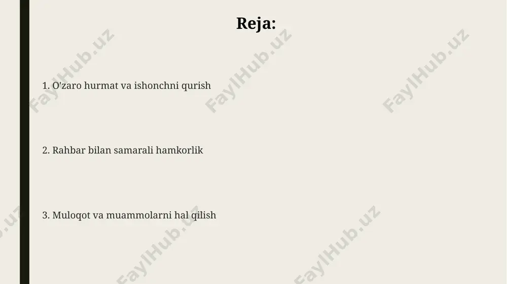 ish. bu samaradorlikni oshiradi. rahbar bilan samarali muloqotning 3 ta asosiy elementi: aniqlik (1), o'z vaqtida xabar berish (2) va konstruktiv fikr almashish (3) hisoblanadi. fikr almashish va konstruktiv tanqid samarali fikr almashish va tanqid uchun 3 bosqichli model (taqdimot, muhokama, xulosa) vaqtni tejaydi va tushunmovchiliklarni kamaytiradi. fikr almashish jarayonida kamida 2 ta variantni muhokama qilish samaradorlikni 30% ga oshirishi mumkin, bu konstruktiv tanqid uchun muhimdir. konstruktiv tanqid berishda 1:5 nisbatda ijobiy fikrlarga salbiy fikrlarni qo‘shish, xodimlarni rag‘batlantirishga yordam beradi. rahbarning kutilganlari va vazifalaringiz sizdan loyihalarni belgilangan muddatlarda, ya'ni 3-5 kun ichida yakunlashingiz va kerakli hujjatlarni, masalan, texnik topshiriqlarni to'liq taqdim etishingiz talab qilinishi mumkin. rahbaringizdan har oyda kamida 2 marta o'z ishingizning progress reporti va keyingi 2 haftaga mo'ljallangan rejalaringiz haqida xabar berishingiz kutilishi mumkin. bu samarali hamkorlik uchun muhim omil hisoblanadi. vazifalaringizning 70%ini mustaqil bajarishingiz, qolgan 30%da esa rahbaringiz bilan maslahatlashib, jamiyatdagi eng yaxshi amaliyotlarni (best practices) hisobga …
