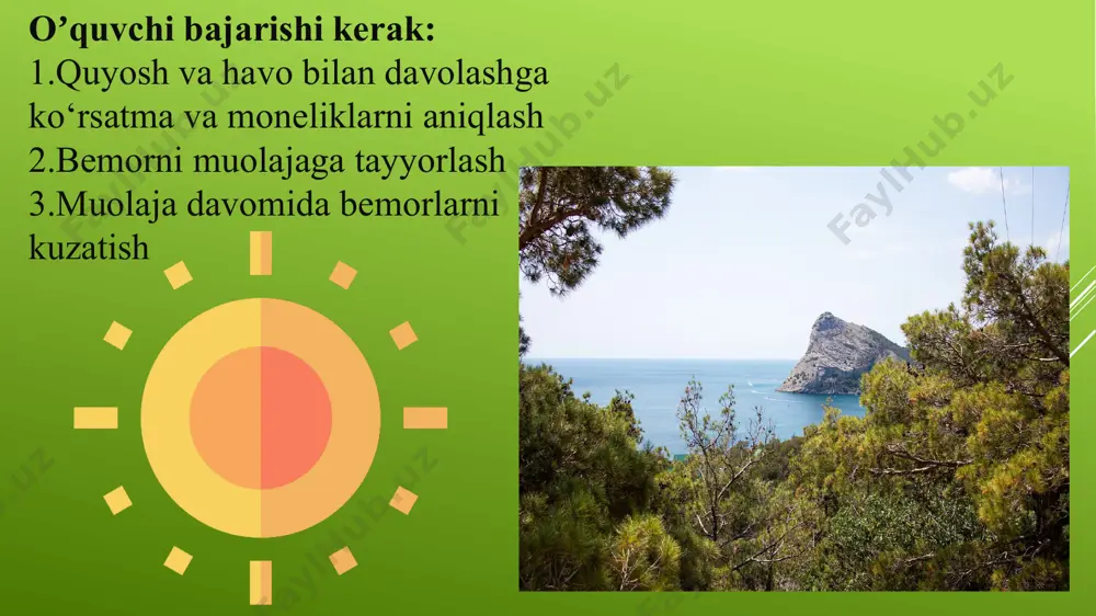 rb tarafdan esadigan shamollardan pana bo’lmog’i, yerning yuzasi tekis, ustiga oq qum solingan yoki chim yotqizilgan bo’lishi kerak. solyariy atrofi qalin qilib ekilgan dov-daraxtlar bilan yoki oq yo bo’lmasa ko’k rangga bo’yalgan baland (balandligi 1 — 1,5 m) taxta devor bilan o’rab qo’yilishi lozim, fanera shchitlardan ishlangan, zarur bo’lganda olib qo’yiladigan devor bo’lishi ham mumkin. shaharlarda quyosh—havo vannalari uchun baland uylarning tekis tomlaridan foydalaniladi. quyosh—havo vannalarini quyidagi hollarda qo’llash yaxshi natija beradi: suyak va bo’g’imlar sili, o’pka silining produktiv-fibroz formalari, podagra, raxit, furunkulyoz, ekzema, ayollaf jinsiy a'zolarining yallig’lanish kasalliklari. quyidagi hollarda qo’llash yaramaydi: quyosh nuriga ortiqcha sczgirlik (pellagra gemorragik diatez va boshqalar), o’pka sili kasalliklari, kollagenozlar, yurak-qon tomirlar sistemasining qon aylanishi buzilishi bilan o’tayotgan kasalliklar, ro’yirost ifodalangan tomirlar sklerozi, gipertoniya kasalligining keyingi bosqichlari, kaxeksiya, markaziy asab sistemasining organik kasalliklari, xavfli o’smalar. havo vannalari havo vannalarining organizmga ta'siri havoning harorati, namligi, shamol tezligi, sochilgan (tarqoq) quyosh radiatsiyasiga bog’liqdir. gavda harorati bilan …