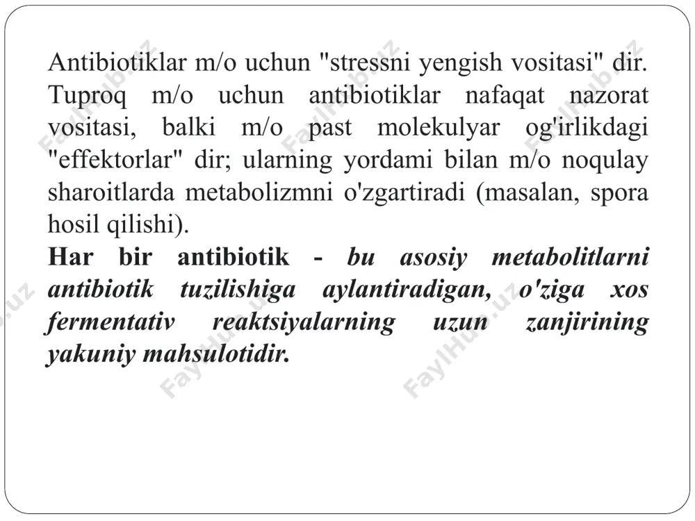 teril chuqur aerobik to'plamda amalga oshiriladi, aniq ikki fazali xususiyatga ega. o'rtacha harorat, ph qiymati va boshqa bir qator parametrlar antibiotiklarni ishlab chiqarish talablariga muvofiq avtomatik ravishda tartibga solinadi. antibiotiklar aseptik sharoitda davriy ta'sirni chuqurlikda aerobik fermentatsiya qilish yo'li bilan olinadi. fermentatsiya davri 7-10 kun davom etadi. 5. antibiotiklarni ajratish. agar antibiotik hujayralarda bo'lsa, qayta ishlashning birinchi bosqichida biomassa kultivatsiya suyuqligidan ajratiladi (filtrlash yoki sentrifuga qilish yo`li bilan); hujayralar nobud bo'lgandan keyin antibiotik ajratib olinadi va eruvchan fazaga o'tkaziladi. keyin ushbu eritma va oziqlantiruvchi vositalar (agar antibiotik hujayradan muhitga chiqarilsa) ekstraktsiya, ajratish, tozalash va konsentratsiyalashning turli xil usullari tayyor mahsulotni olish uchun qo'llaniladi. 6. antibiotiklarni tozalash bosqichi o'z ichiga: tindirish, sorbsiya, quritish. keyin preparat sterillikni kafolatlaydigan shartlarga muvofiq sterillangan flakonlarga qadoqlanadi. 7. tayyor mahsulotni olish: tayyor mahsulot biologik va farmakologik nazoratdan o'tkaziladi. biologik nazorat preparatning sterillik darajasini aniqlaydi. farmakologik nazorat ostida preparatning toksikligi, pirogenligi, va boshqalar bo'yicha kompleks tekshiruvlari o'tkaziladi, …