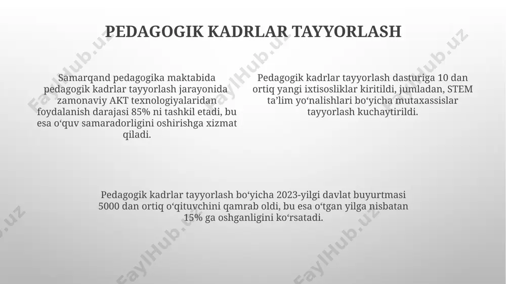 y taʼlim texnologiyalari” kafedrasi 20 dan ortiq tajribali oʻqituvchilarga ega boʻlib, yiliga 500 dan ortiq talaba zamonaviy oʻqitish uslublari va texnologiyalarini oʻrganadi. “zamonaviy taʼlim texnologiyalari” kafedrasi tomonidan ishlab chiqilgan 5 ta oʻquv dasturi milliy taʼlim standartlariga moslashtirilgan va elektron taʼlim resurslari bilan taʼminlangan. talabalarning amaliy koʻnikmalari oʻquv jarayonida amaliy mashgʻulotlarga 70% vaqt ajratiladi, bu talabalarning nazariy bilimlarini mustahkamlash va 21-asr koʻnikmalarini egallashga yordam beradi. samarqand pedagogika maktabida talabalarning amaliy koʻnikmalarini rivojlantirishda 50 dan ortiq innovatsion usullar qoʻllanilmoqda, shu jumladan, simulyatsion oʻyinlar va virtual laboratoriyalar. talabalar pedagogik amaliyotlarni 3 ta turli bosqichda (maktabgacha, boshlangʻich va oʻrta taʼlim) oʻtkazib, har bir bosqichda kamida 10 ta turli dars ishlanmalarini ishlab chiqadilar. rejalashtirilgan ishlar rejalashtirilgan ishlarning 30%i o‘quv jarayonini takomillashtirishga, 40%i pedagoglar malakasini oshirishga, qolgan 30%i esa moddiy-texnik bazani mustahkamlashga qaratilgan. 2024-yil uchun rejalashtirilgan ishlarga 150 million so‘m mablag’ ajratilgan bo‘lib, bu mablag’lar asosan zamonaviy texnologiyalarni joriy etish va o‘quv adabiyotlarini yangilashga yo‘naltiriladi. rejalashtirilgan …