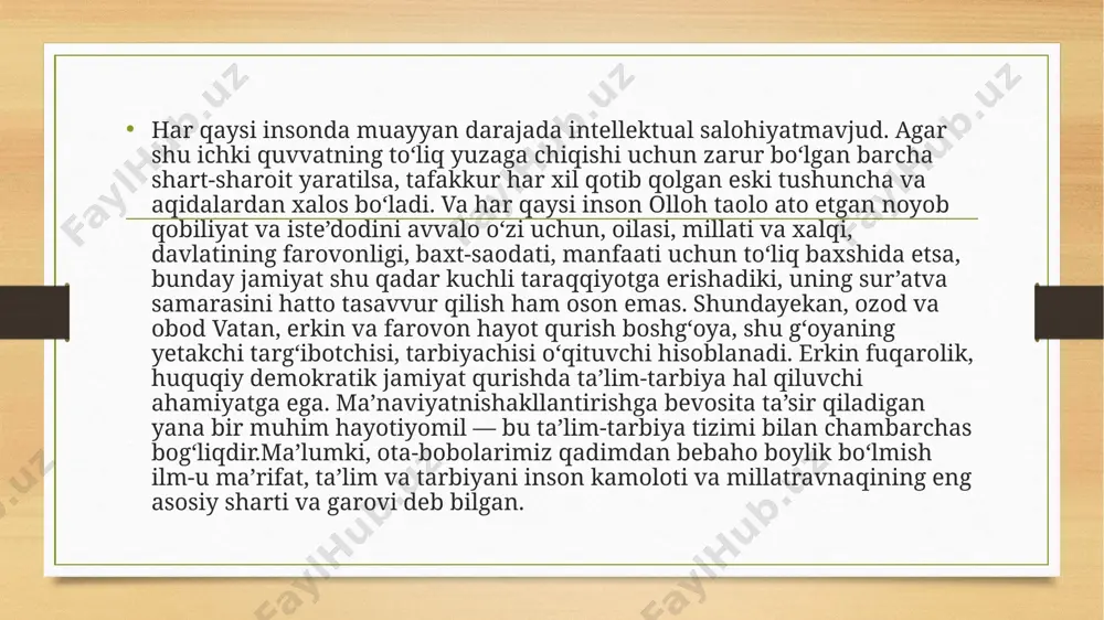 r. ma’naviy madaniyatning mohiyatini namoyon etuvchi obyekt shaxs hisoblanadi.muxtasar aytganda, maktab degan ulug‘ dargohning inson va jamiyat taraqqiyotidagi hissasi va ta’sirini, nafaqat yoshlarimiz, balki butun xalqimiz kelajagini hal qiladigan o‘qituvchi va murabbiylar mehnatini hech narsa bilan o‘lchab, qiyoslab bo‘lmaydi. shu nuqtayi nazardan qaraganda, ma’rifatparvar bobolarimizning fikrini davom ettirib, agarki dunyo imoratlari ichida eng ulug‘i maktab bo‘lsa, kasblarning ichida eng sharaflisi o‘qituvchilik va murabbiylikdir, desak, o‘ylaymanki, ayni haqiqatni aytgan bo‘lamiz”. “e`tiboringiz uchun rahmat! image5.png image6.png image7.png image8.jpeg image9.jpeg image10.jpeg image11.jpeg image12.jpeg image3.png image4.png /docprops/thumbnail.jpeg