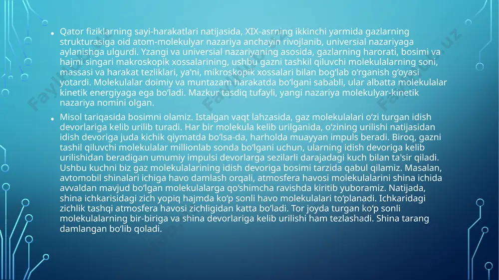 lama molekulyar-kinetik nazariyaning asosiy tenglamasi hisoblanadi va uning chap tarafi - molekulyar xossalarni, o‘ng tarafi esa makroskopik (o‘lchasa bo‘ladigan) xossalarini namoyon qiladi. ya'ni, tenglama, gazning mikroskopik va makroskopik xossalari orasida to‘g‘ridan-to‘g‘ri bog‘liqlikni belgilaydi. unga ko‘ra xulosa qiladigan bo‘lsak, gazning harorati gaz molekulalarining o‘rtacha tezligi kvadratiga teskari proporsional. molekulyar-kinetik nazariya shuningdek alohida olingan ayrim molekulalarning tezligini o‘rtacha qiymatdan faqr qilishi masalasiga ham yetarlicha batafsil javob beradi. molekulalarning har bir o‘zaro to‘qnashuvi ular orasida energiyaning qayta taqsimlanishiga olib keladi. ya'ni, to‘qnashuv natijasida, tezligi baland molekula sekinlashadi va aksincha, tezligi sust molekula tezlashadi. molekulalarning tezliklari bo‘yicha o‘rtacha taqsimlanishi haqidagi ushbu g‘oya va uning ta'rifi mashhur fizik olim - jeyms klark maksvellga tegishlidir. xabaringiz bo‘lsa, elektromagnit maydonlarni nazariy jihatdan mukammal tushuntirib bergan ilk olim ham aynan maksvell bo‘lgan. shuningdek maksvell berilgan haroratdagi gaz molekulalarining tezligi qanday bo‘lishini hisoblashni ham yo‘lga qo‘ygan. bunday taqsimotni maksvell taqsimoti deyiladi. unga ko‘ra, molekulalar asosan ushbu taqsimotning eng yuqori …