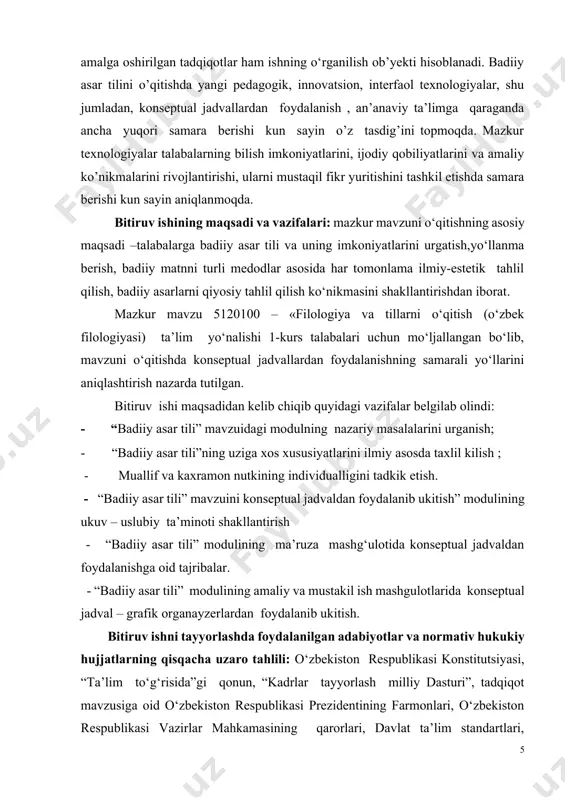 sini o‘tadi. bitiruv ishning nazariy va amaliy ahamiyati: tadqiqot natijasida “badiiy asar tili modulini ukitishda konseptual jadvaldan foydalanish” nomli bitiruv ishi yaratildi. mavzuning amaliy-texnologik jihatlari takomillashtirildi. mazkur bitiruv ishi natijalaridan oliy o‘quv yurtlarida ta’lim jarayonlarida foydalanish mumkin. bitiruv ishning tuzilmasi tavsifi: bitiruv ishi kirish, xulosadan tashkari ikki asosiy bob, turt fasl va foydalanilgan adabiyotlardan iborat. i-bob. “badiiy asar tili” mavzuidagi modulning nazariy masalalari . i.1 “badiiy asar tili”ning uziga xos xususiyatlarini ilmiy asosda urganish adabiy - badiiy asar yaratish uchun faqatgina so‘zdan foydalaniladi. buning uchun birgina so‘z zarur, xolos. adabiy - badiiy asar yaratiga uchun o‘ndan bo‘lak boshqa biror bir xom ashyoga ehtiyoj, zarurat bo‘lmaydi. so‘z adabiy-badiiy asarning birinchi va yagona unsuri hisoblanadi. yozuvchi, shoir asar yozish - hayotning muayyan parchasini badiiy gavdalantirish uchun birgina vosita - so‘zdan foydalanadi. so‘z uning uchun asar mazmunini ro‘yobga chiqaruvchi birdan bir tayanch sanaladi. chunki uning yorhamida asarning barcha unsurlari: qahramonlar obrazi, ular yatagan …