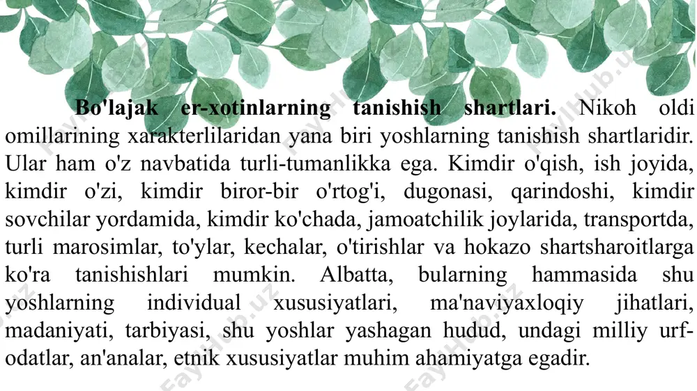 or, tinchtotuv yashashlarida ularning o'zaro qovushuvi muhim rol o'ynaydi. o'zaro qovushishlarni shartli ravishda uchta tarkibiy qismga ajratish mumkin: 1. biologik qovushuv 2. psixologik qovushuv 3. sotsial (ijtimoiy) qovushuv to'ydan keyingi dastlabki «asal oyi»1 odatda, osoyishta, shirin, totuvlik bilan o�tadi. «qolgan oylar va yillar ham xuddi shunday yaxshi, baxtli davom etishi uchun nimalarga e'tibor berish kerak?», «yuqoridagi qovushuv turlaridan eng muhimi va asosiysi qay biri?» degan savollar tug'iladi. quyida biz ushbu savollarga javob berishga harakat qilamiz. biologik qovushuv. biologik shoxobchaning ruhiy shoxobchaga nisbatan birmuncha turg'unligini, kam o'zgaruvchanligini hisobga olish zarur. ya'ni shakllangan mijoz toifasini o'zgartirib bo'lmasligini va bunga intilishning samarasizligini unutmaslik lozim. mijoz turi jihatidan kelin-kuyovlar turlicha bo'lishi, ba'zan esa bir-biriga qarama-qarshi zid toifalarga mansub bo'lishi mumkin. oilaviy munosabatlarda muloqot jarayonida yuzaga keladigan tosiqlar. ijtimoiy psixologlar muloqot jarayonida yuzaga kelishi mumkin bolgan tosiqlarning quyidagilarini farqlaydilar: psixologik, vaziyatli, mazmuniy va motivatsion tosiqlardir. psixologik tosiq bu sherigiga maqul tushmay qolish, tushunilmay qolishdan qorqish, …