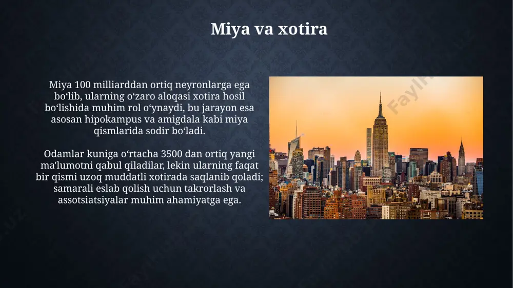 da yangi hosil bo'lgan xotiralarni mustahkamlashda ishtirok etadi, bu jarayon uzun muddatli xotiraga o'tish uchun zarurdir. stress gormonlari, masalan, kortizol, hipokampusdagi neyronlarning faoliyatiga ta'sir qiladi va natijada, masalan, toshkentdagi stressli voqea haqida eslab qolish qiyinlashadi. bu xotira konsolidatsiyasi jarayoniga salbiy ta'sir qiladi. e'tiboringiz uchun rahmat @taqdimot_robot image2.jpg image3.jpg image4.jpg image5.jpg image6.jpg image7.jpg image8.jpg image9.jpg image10.jpg