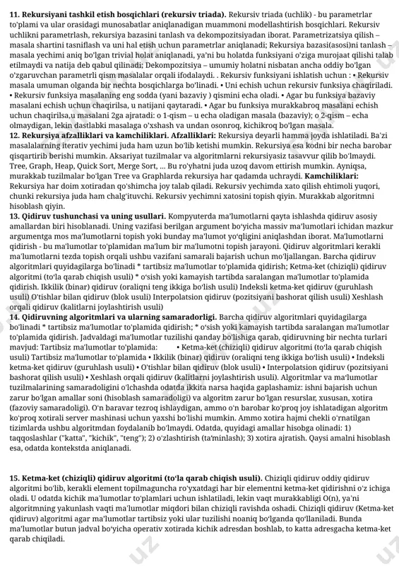 i. 6. ma'lumotlarning asosiy (standart yoki elementar) turlari. umuman olganda turlar o‘zgaruvchi yoki ifoda qabul qilishi mumkin bo‘lgan qiymatlar to‘plami orqali tavsiflanadi. ko‘plab dasturlash tillarida ma’lumotlar standart va foydalanuvchi tomonidan beriladigan turlarga ajratiladi. ma’lumotlarni standart turlariga quyidagi 5 ta tur o‘zgaruvchilari kiradi: a) butun (int); b) haqiqiy (float) ; c) mantiqiy (bool); d) belgili (simvolli) (char); e) ko‘rsatkichli (*).1. butun son turi mazkur tur butun sonlar to‘plamini qandaydir qism to‘plami bo‘lib, uning o‘lchami mashina, ya’ni kompyuter konfiguratsiyasiga bog‘liq ravishda o‘zgarib turadi. agar butun sonni mashinada tasvirlash uchun nta razryaddan foydalanilsa (bunda qo‘shimcha koddan foydalanilganda), u holda x butun sonning qiymat qabul qilish oralig‘i quyidagicha bo‘lishi zarur, ya’ni quyidagi shartni qanoatlantirishi lozim: -2 n-1 ( , ,…, ; masalan: enum ranglar {oq, qora, qizil, yashil}; b) strukturalar turli turdagi maydonlardan tashkil topgan yozuv xisoblanadi. strukturalarni e’lon qilish uchun struct kalit so‘zi ishlatiladi. undan keyin turga nom beriladi va {} qavs ichida …