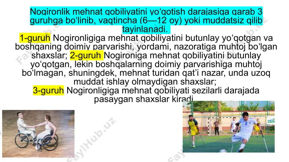 ik, urush harakatlarida qatnashgan nogironlik, baynalminal burchini bajarish vaqtidagi nogironlik va boshqalar bo'lib, o'zbekiston respublikasi vazirlar mahkamasining 1994-yil 11-mayda qabul qilingan 249-sonli qarorining 2- ilovasiga asosan urush nogironlari va uоarga tenglashtirilgan shaxslar nogironligi deb yuritiladi. bolalikdan nogironlik—tug'mayoki 16 yoshga to'lguncha bo'lgan vaqtidagi kasallanish, mayiblanish tufayli nogiron bo'lib qolganda belgilanadi. nogironlik guruhlari va sabablari tibbiy mehnat ekspertiza komissiyalari tomonidan belgilanadi. nogironlik pensiyalari qonunchilikda belgilangan tartibda i va ii guruh nogironligi bo‘lgan shaxslar deb topilgan shaxslarga, shuningdek chernobilь aesdagi avariya tufayli mayib bo‘lish yoki kasallik oqibatida iii guruh nogironligi bo‘lgan shaxslar deb topilgan shaxslarga tayinlanadi savol: v. ismli shaxs mehnatda mayiblanganlik yoki umumiy kasallik sababli, nogironlikka chiqqan fuqaroga nogironlik pensiyasini tayinlash uning ish stajiga bog‘liq yoki bog‘liq emasligi haqida so‘radi. javob: mehnatda mayiblanganda yoki kasb kasalligiga uchraganda beriladigan nogironlik pensiyalari ish stajidan qat’i nazar, tayinlanadi. umumiy kasallik tufayli beriladigan nogironlik pensiyasi esa nogironlik boshlangan paytga qadar qonunda belgilangan miqdordagi ish stajiga ega …