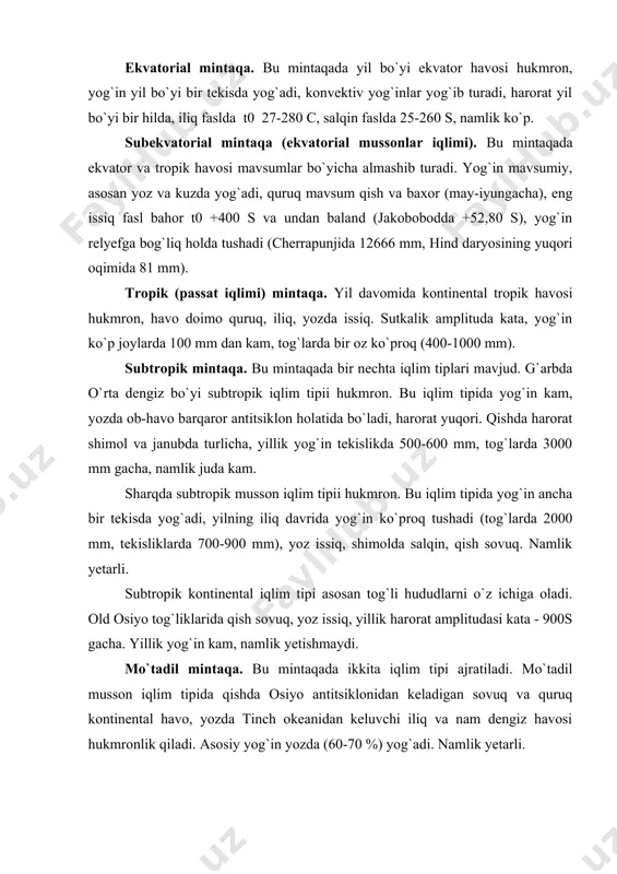 va quruq kontinental havo, yozda tinch okeanidan keluvchi iliq va nam dengiz havosi hukmronlik qiladi. asosiy yog`in yozda (60-70 %) yog`adi. namlik yetarli. kontinental mo`tadil iqlim tipida qishda osiyo antitsikloni, yozda qutb frontida siklon harakatlari hukmronlik qiladi. qish sovuq, quruq, yoz iliq, ozroq yomg`irli bo`ladi. namlik yetishmaydi. ichki suvlari. osiyo uchun daryolarning mavjudligi quruqlik maydonining g`oyat kattaligi bilan bog`liqdir. ayni vaqtda materikning iqlimi turli joylarda turlicha bo`lganligidan daryolar rejimi va ularning to`yinish tiplari xilma-xildir. osiyo yillik oqim o`rtacha xajmining kattaligi jihatidan boshqa materiklar orasida birinchi o`rinni egallaydi. bu materikning yer yuzasidan okeanlarga xar yili 12850 km.kub. suv oqib tushadi, bu mikdor dunyo o`rtacha yillik oqimining 1/3 qismiga yaqinini tashkil etadi. osiyo maydonining g`oyat katta ekanligi, alohida rayonlarning geografik o`rni sababligina emas, tog`-kotlovina relyefi tufayli ham vujudga keluvchi keskin iqlimiy farqlar sababli oqim materik haroratda nihoyatda notekis taqsimlangandir. asosiy suvayrigichlarning katta qismi tog` tizmalariga to`g`ri keladi, lekin ularning ayrim qismlari mongoliya, …