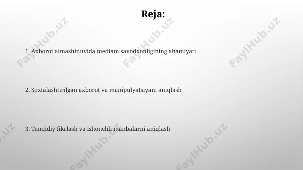 dagi ommaviy axborot vositalaridan foydalanadigan shaxslarning vizual va audio tarkibni tahlil qilish qobiliyati 30% ga yuqori. sog'lom axborot madaniyatini shakllantirish самарқанд вилоятидаги 10 та мактабда амалга оширилган "соғлом ахборот маданияти" лойиҳаси натижасида ўқувчиларнинг 80%ида ахборотни танқидий баҳолаш кўникмалари яхшиланди, бу эса таълим сифатини оширади. 2023 йилда ўтказилган миллий сўровнома ўзбекистоннинг 70% аҳолисида соғлом ахборот маданияти даражаси паст эканини кўрсатди, бу эса мамлакатнинг рақамли саводхонлиги даражасига салбий таъсир кўрсатади. mediasavodxonlik ta'limi va tarbiyasi mediata'limning samaradorligi bo'yicha 2023-yilda o'tkazilgan tadqiqotlar shuni ko'rsatdiki, 1000 nafar ishtirokchidan 75 foizi axborotni tanqidiy tahlil qilish ko'nikmalarini oshirgan. andijon viloyatida 2022-yilda o'tkazilgan treninglar natijasida, 300 dan ortiq o'qituvchi mediaso'zlashuvchilik asoslarini o'rganib, zamonaviy axborot vositalaridan xavfsiz foydalanish bo'yicha bilimlarini yaxshiladilar. shaxsiy fikr va ommaviy fikrni ajratish shaxsiy fikrni ommaviy fikrdan ajratish qobiliyati, 2000 yildan keyin tugʻilgan avlodning 70% dan ortigʻi ijtimoiy tarmoqlar orqali axborot oladigan zamonimizda, dezinformatsiya va propaganda taʼsiriga chidamlilikni oshirishda muhim rol oʻynaydi. global raqamli dunyoda, …